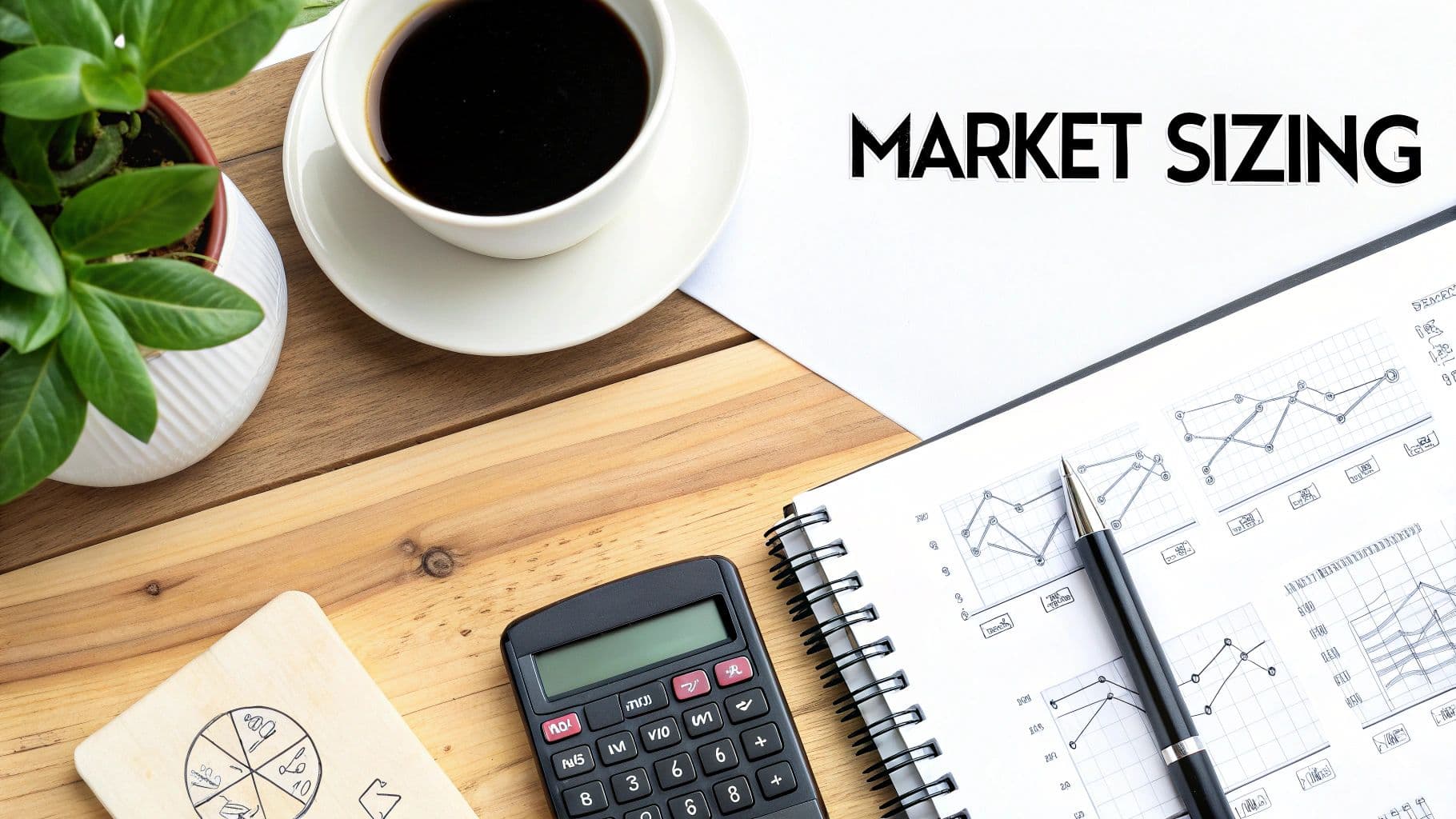 Desk flat lay with 'MARKET SIZING' text, coffee, plant, calculator, pen, and business charts.