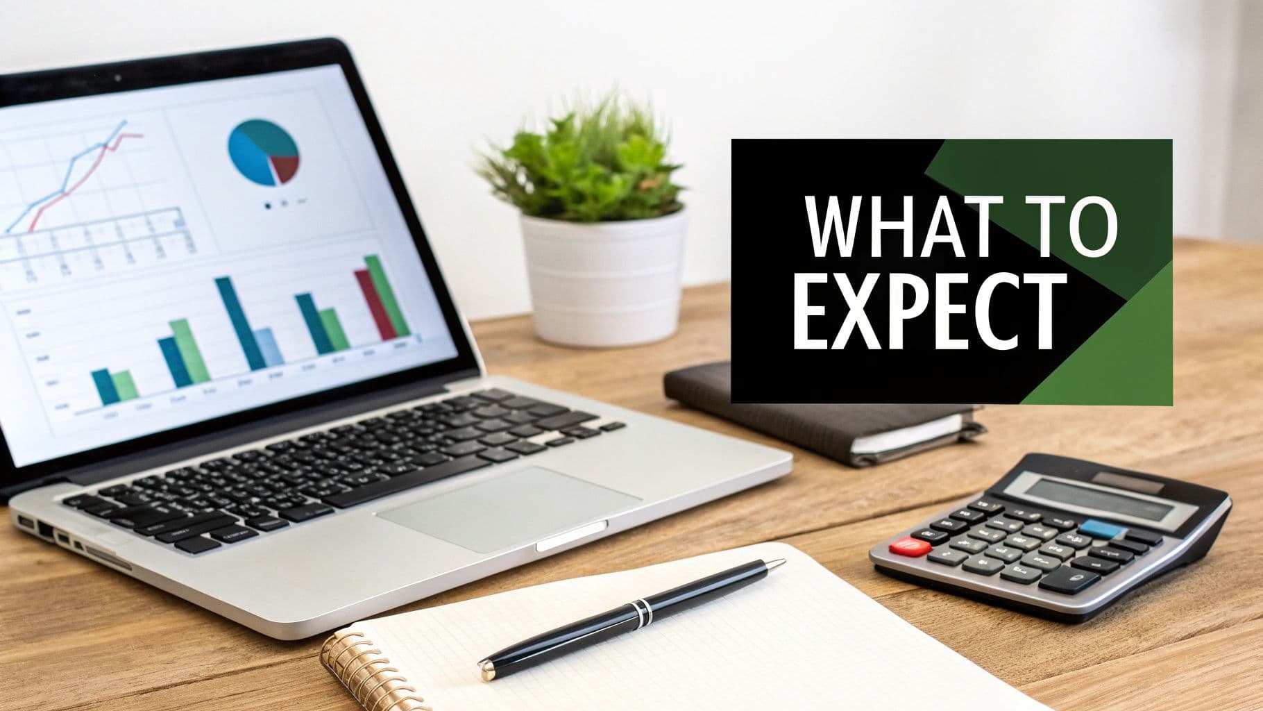 A desk with a laptop displaying financial charts and graphs, a calculator, and a 'WHAT TO EXPECT' sign.