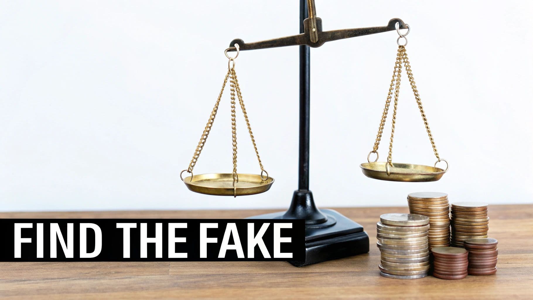 A vintage balance scale on a wooden table, with coins stacked under an empty, levitating right pan.