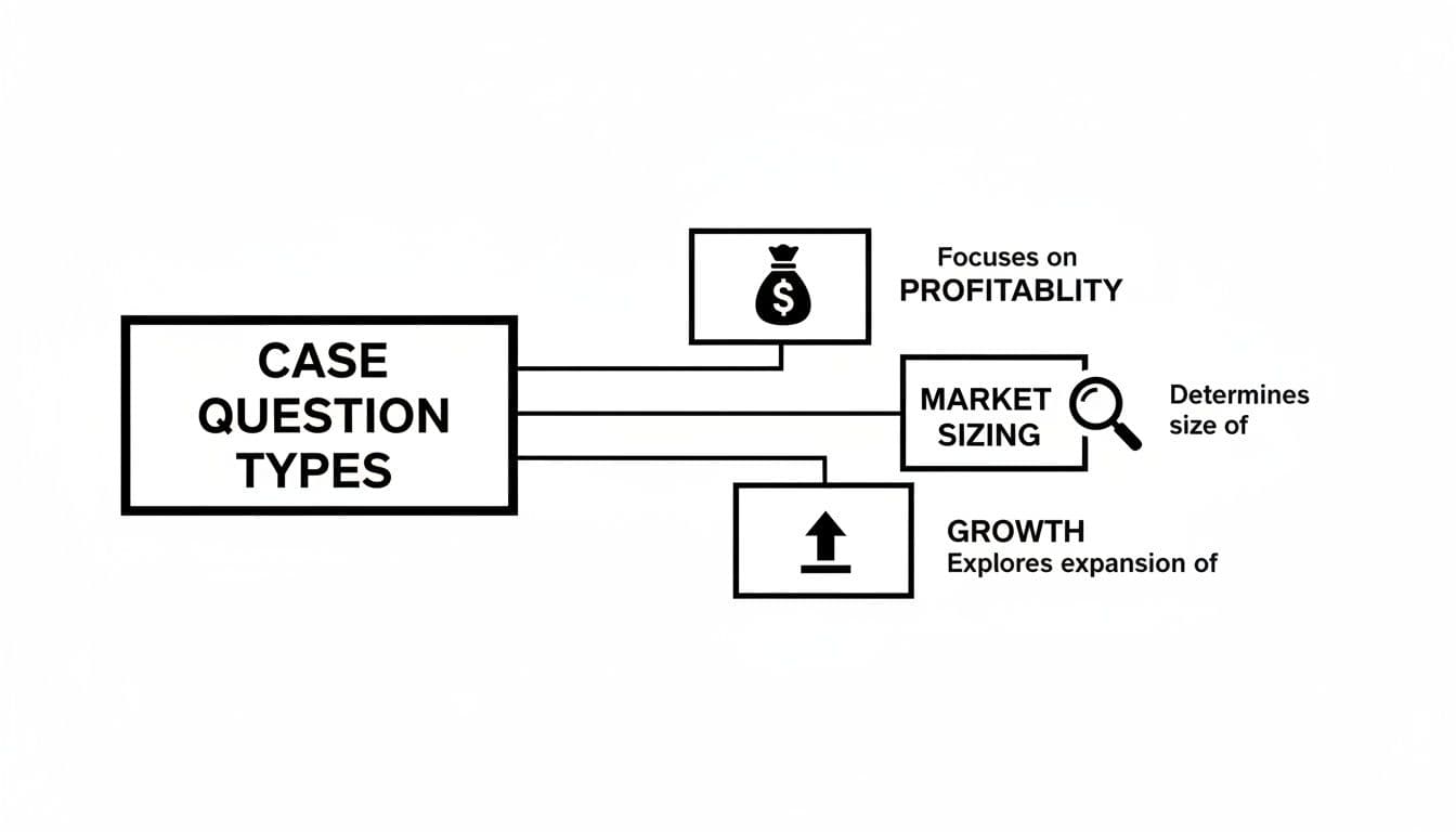 A diagram illustrates case question types, dividing into profitability, market sizing, and growth strategies.