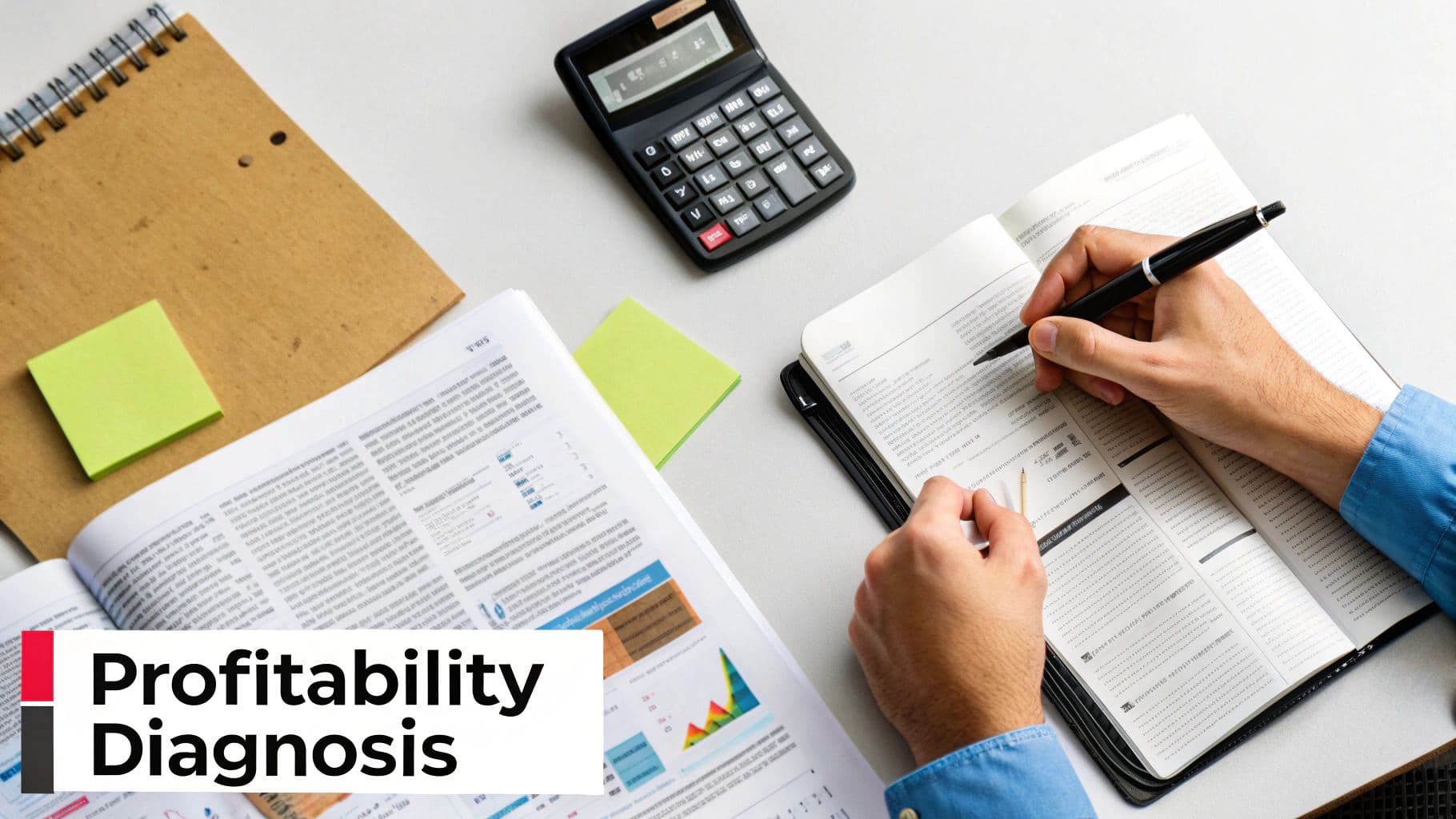 Overhead view of a person writing in a notebook, surrounded by a calculator, book, and sticky notes.