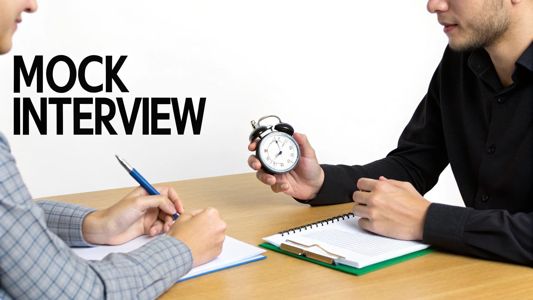 A mock interview session with an interviewer holding a timer and a candidate writing notes.