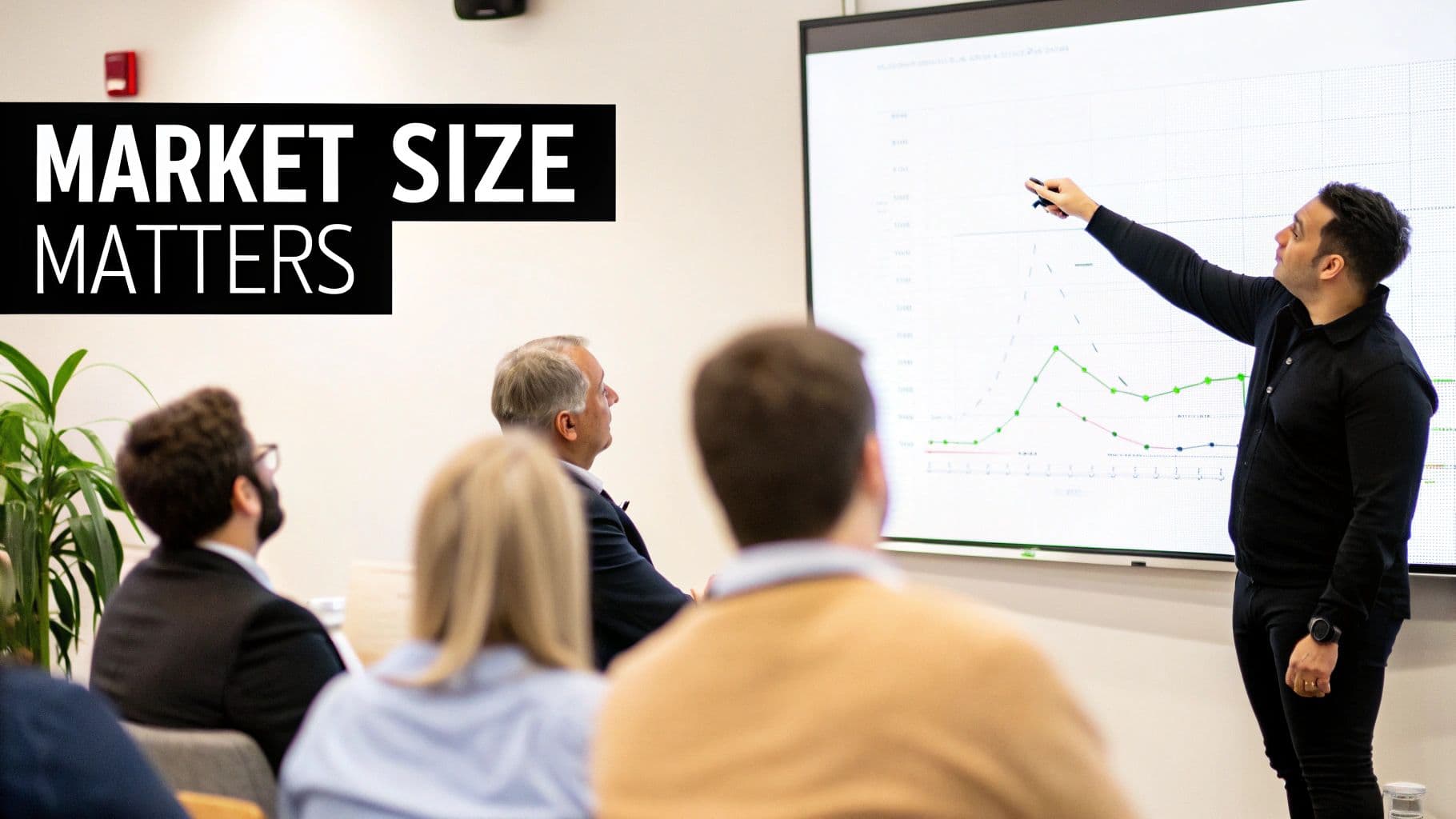 A team collaborating around a whiteboard with charts and graphs, illustrating market sizing concepts.