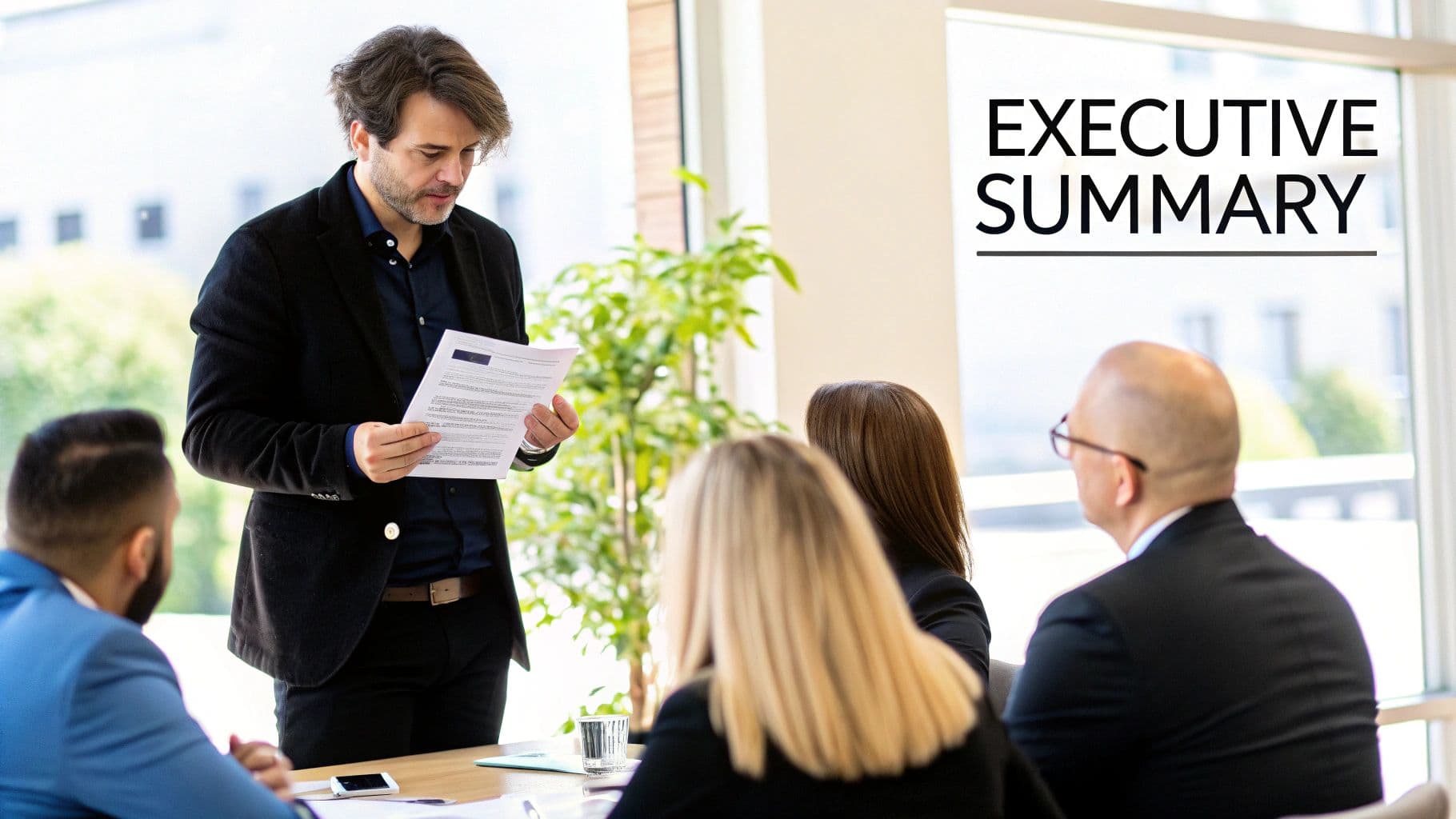 A man in a black suit presents a document to colleagues during a business meeting in an office.