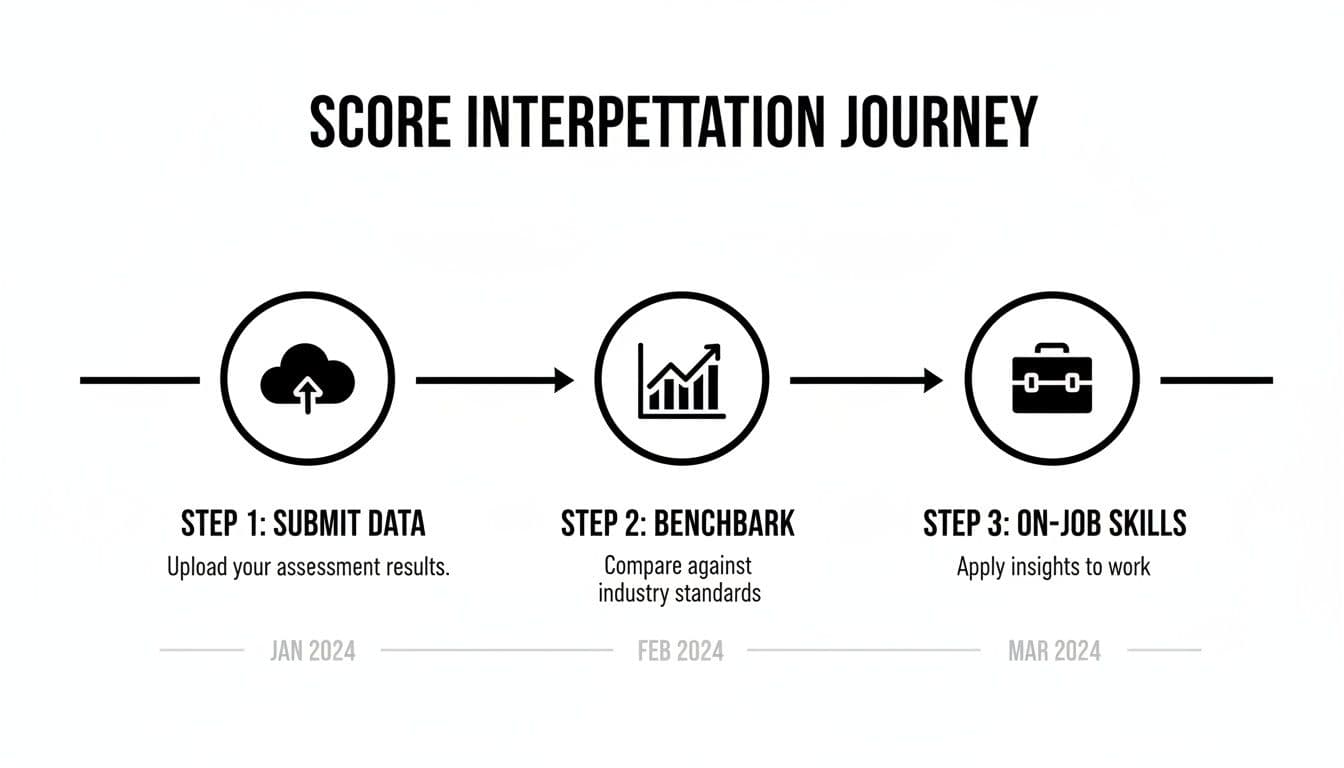 Three-step process diagram for score interpretation, detailing data submission, benchmarking, and skill application.