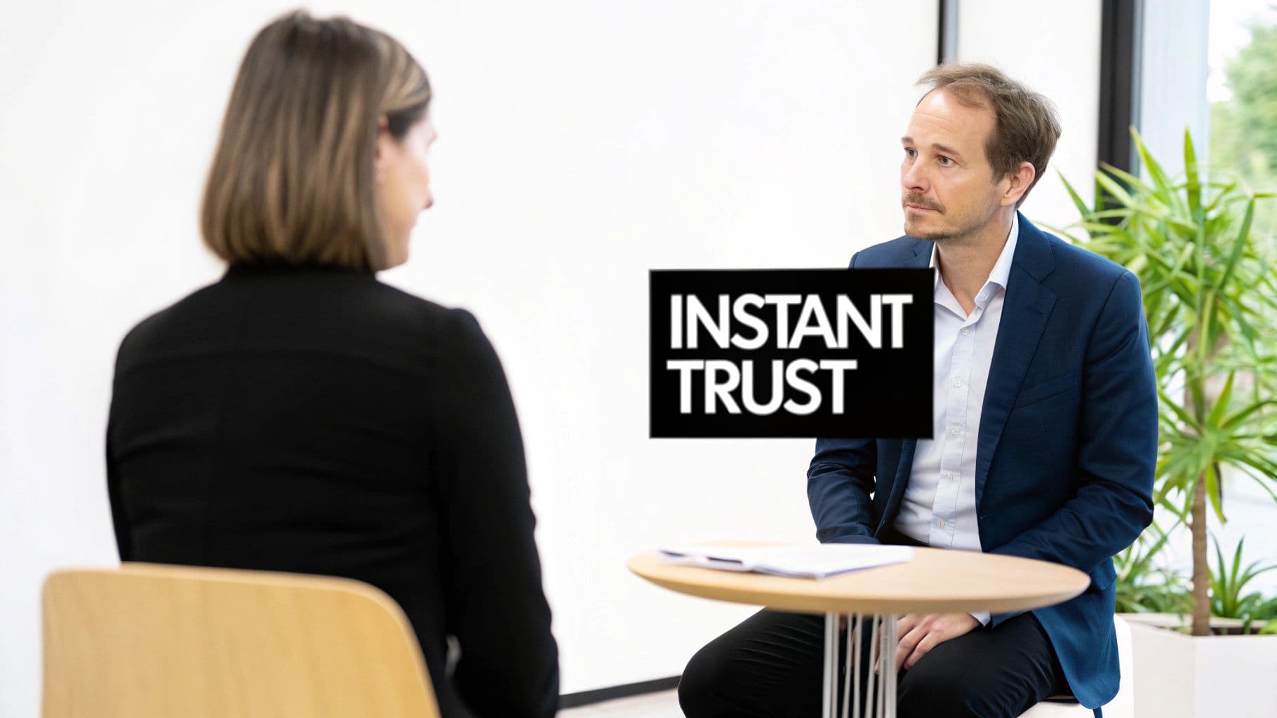 Two professionals in an office meeting, with an 'INSTANT TRUST' graphic overlay.