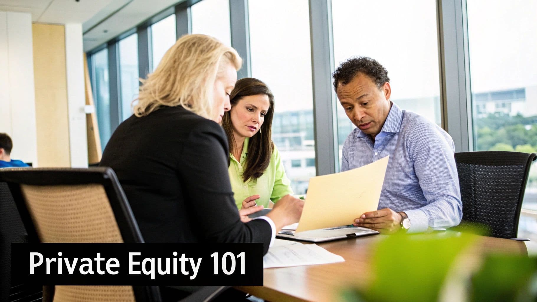 A professional in a business meeting, representing the intense environment of a private equity interview.