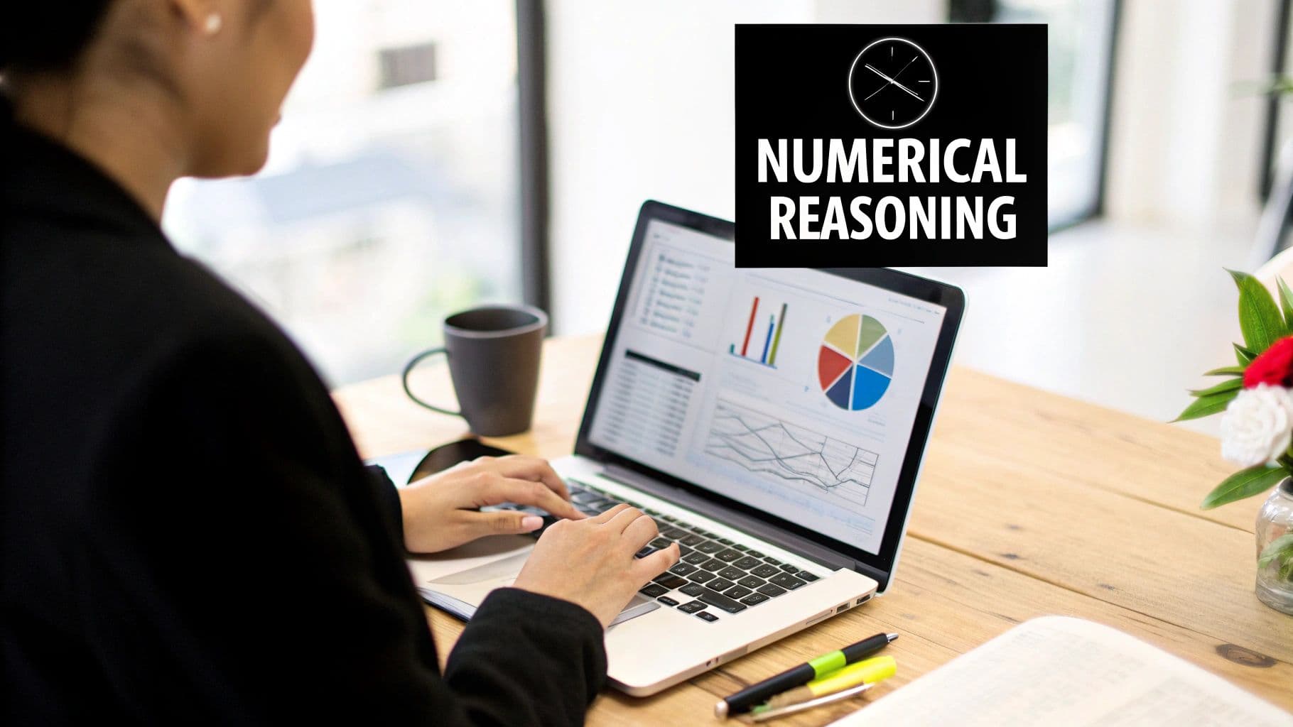 A person types on a laptop displaying data charts, with 'Numerical Reasoning' test overlay.