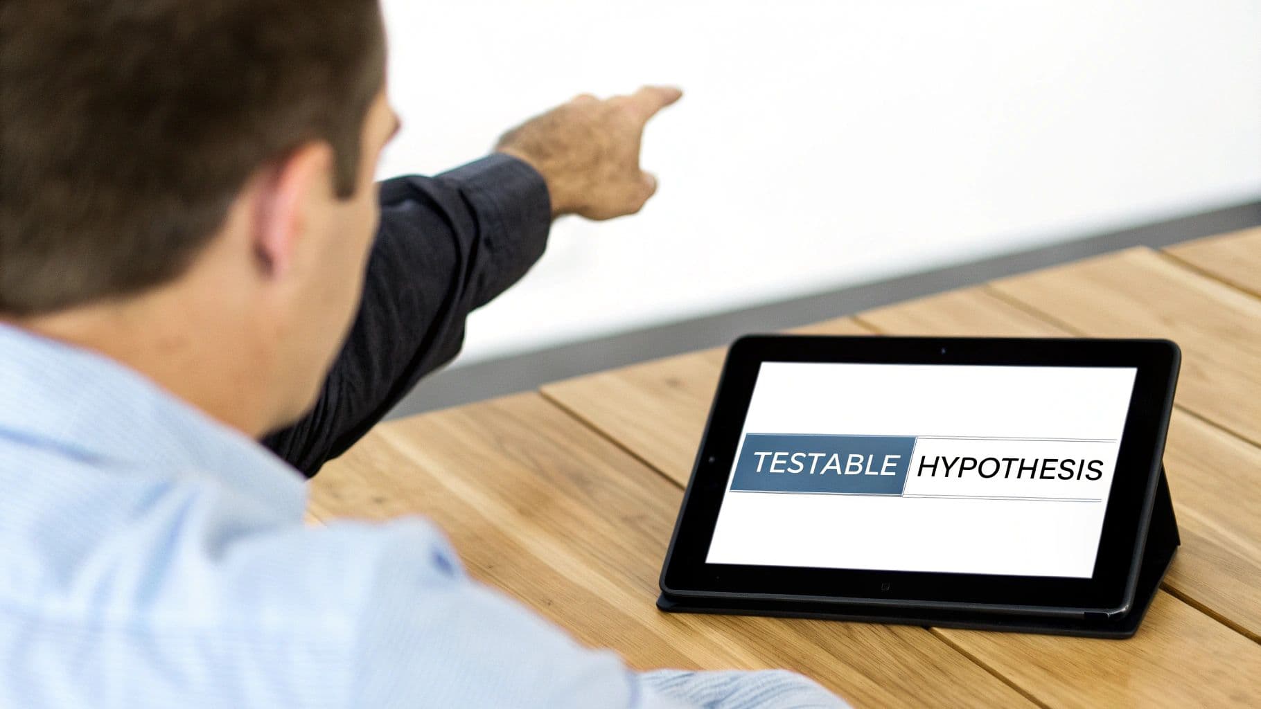 Person pointing at a white wall, with a tablet displaying 'Testable Hypothesis' on a wooden table.