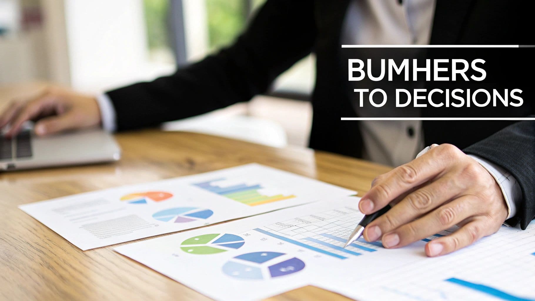 A person analyzing charts and graphs on paper with a pen, next to a laptop.