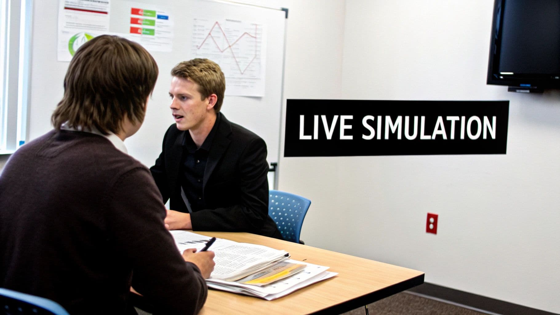 Woman writing notes on a transparent board, symbolizing the organization of core knowledge for a case study interview.