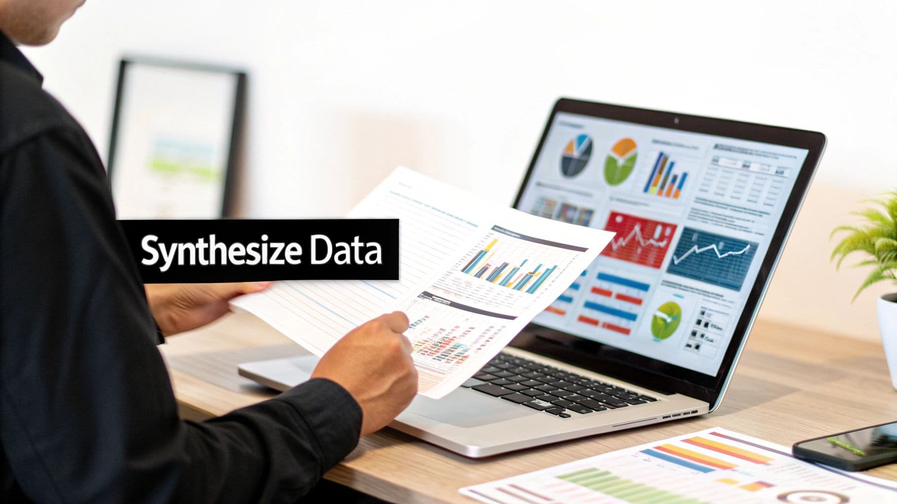 A person analyzing data visualizations on paper and a laptop, with 'Synthesize Data' overlay.