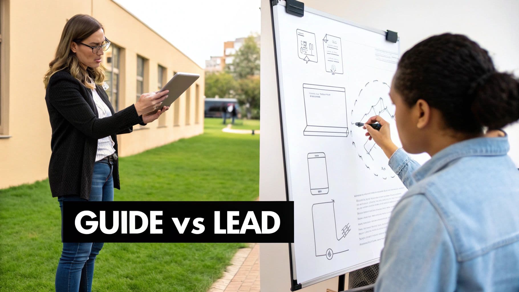 Two professionals engaged in work: one using a tablet outdoors, another drawing diagrams on a whiteboard.