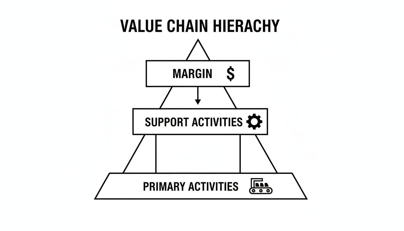 A black and white diagram illustrating the Value Chain Hierarchy with Margin, Support, and Primary Activities.