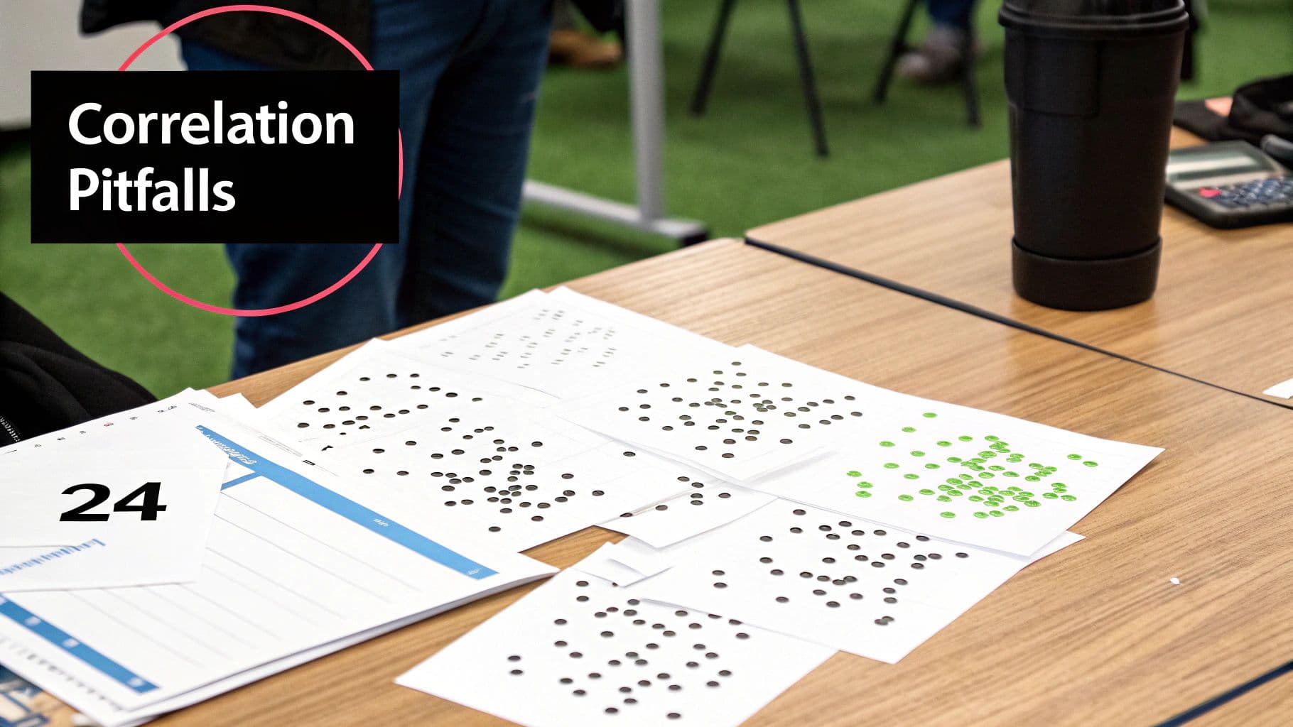 Sheets of paper with scatter plots for correlation analysis, a black cup, and a calculator on a wooden table.