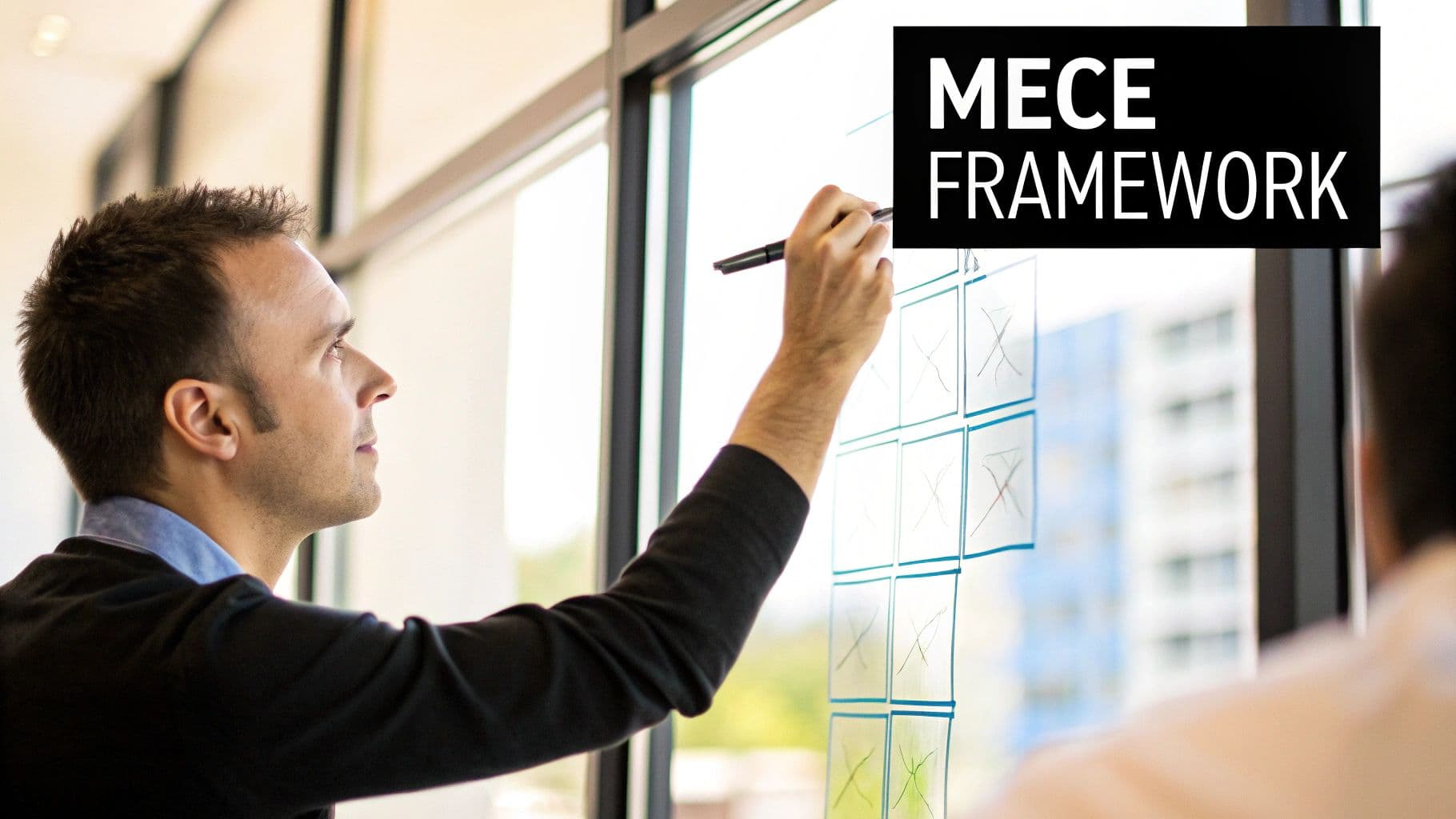 A man drawing on a clear glass board with a marker, illustrating concepts, with 'MECE FRAMEWORK' text overlay.