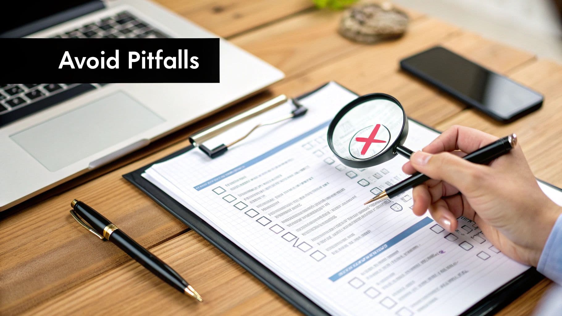 A hand holds a magnifying glass over a checklist, highlighting a red 'X' to signify avoiding pitfalls.
