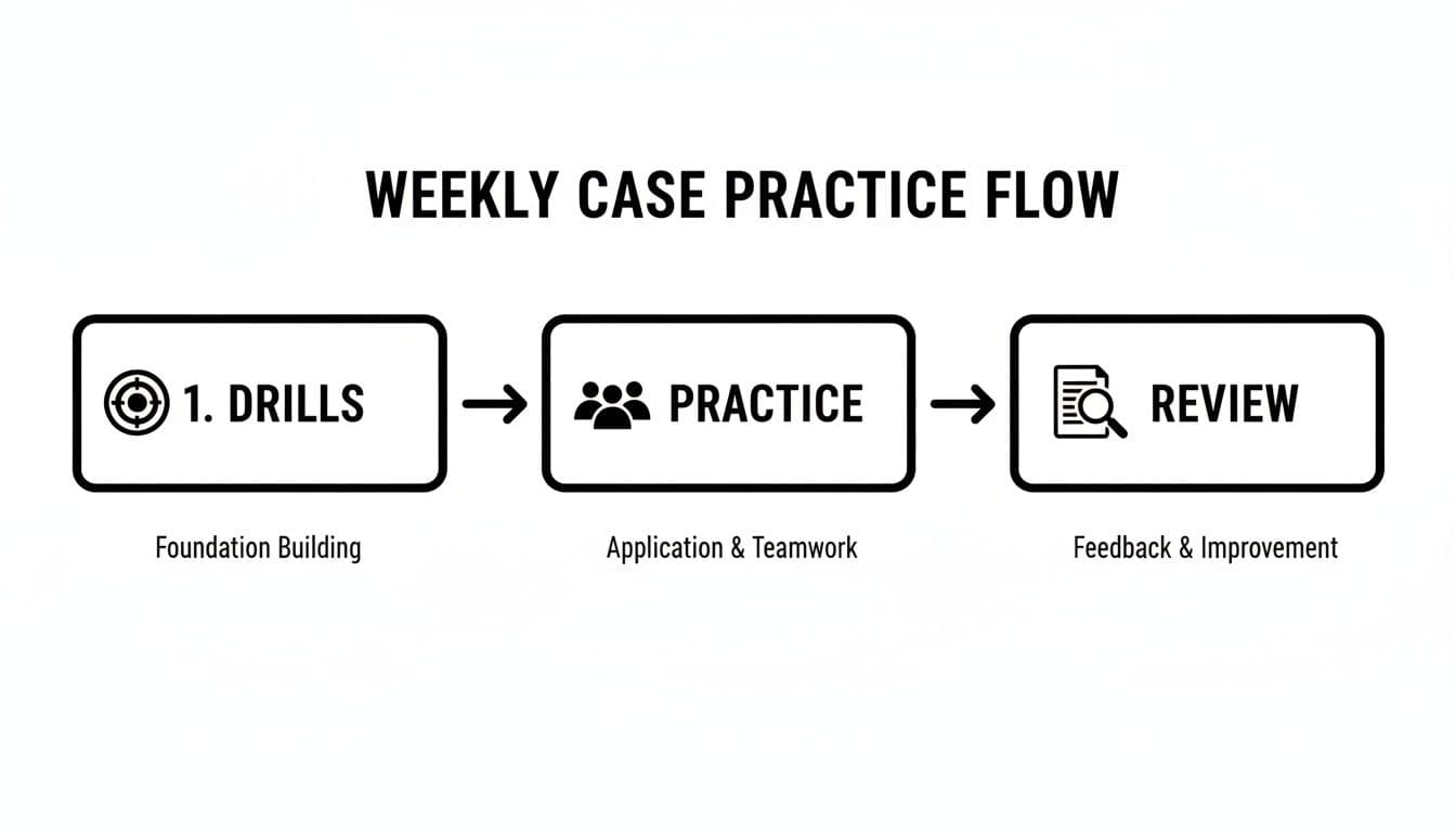 Diagram illustrating a weekly case practice flow: Drills for foundation, Practice for application, and Review for feedback.