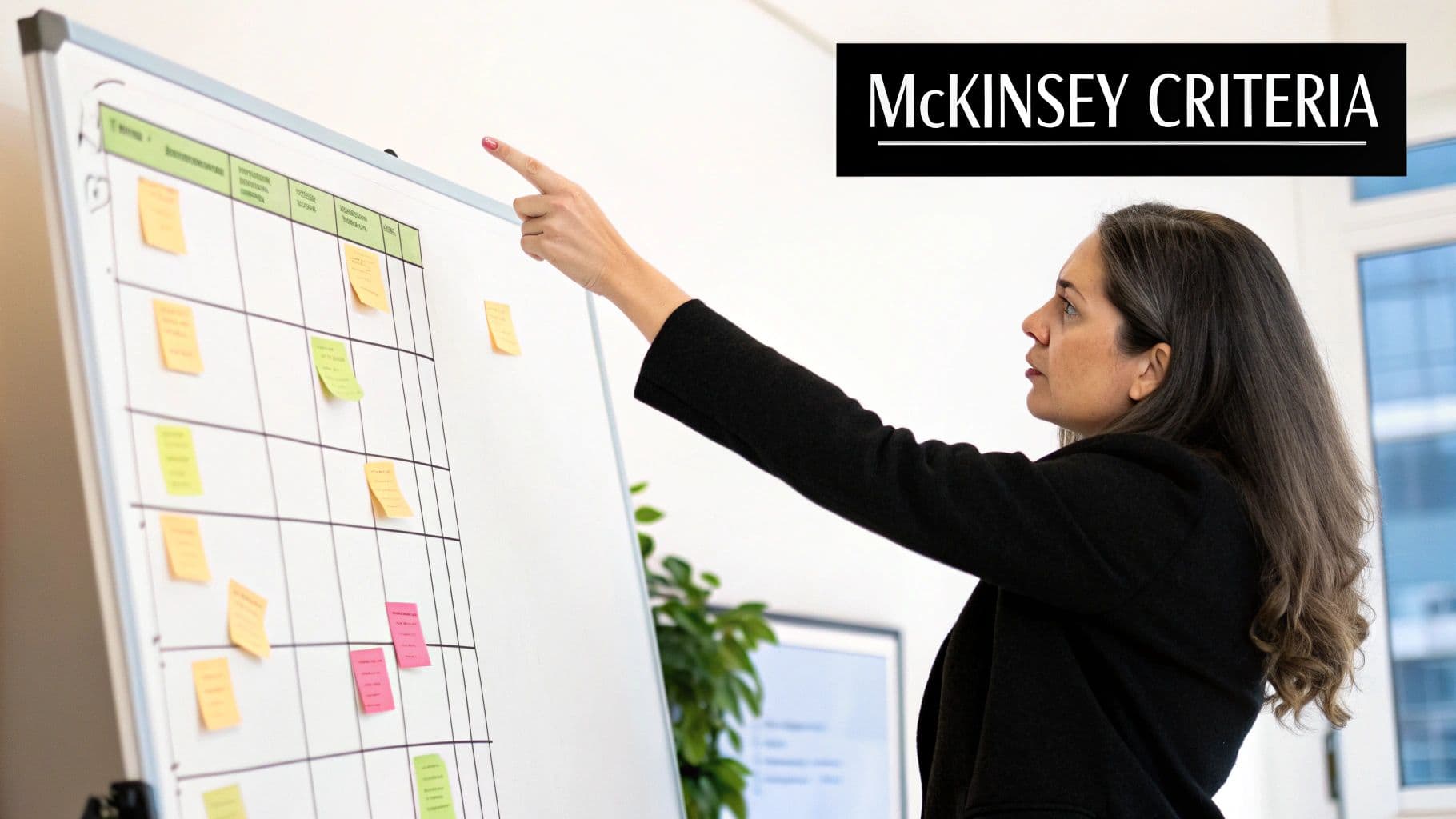A woman points at a whiteboard with sticky notes and a grid, featuring 'MCKINSEY CRITERIA' overlay.