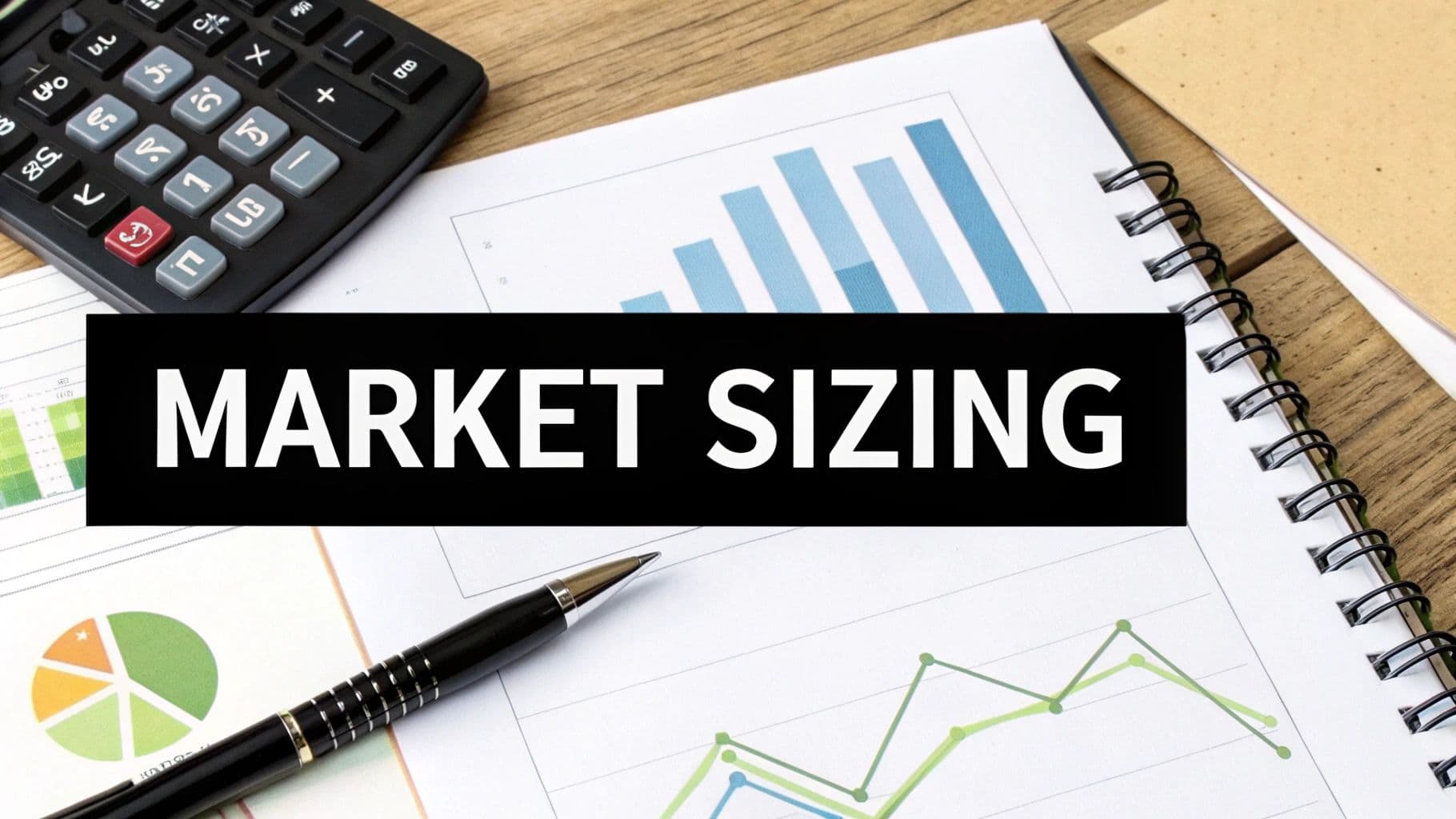 Desk setup with financial charts, calculator, pen, and a prominent 'MARKET SIZING' overlay.