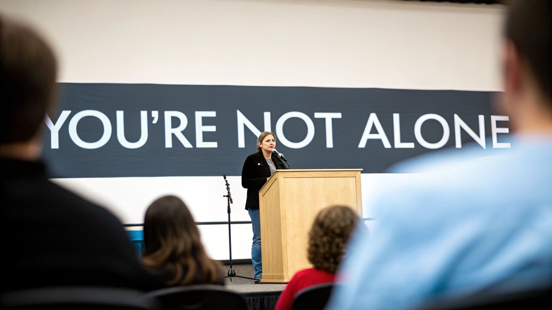 Woman speaking at podium before audience with you're not alone message displayed behind her