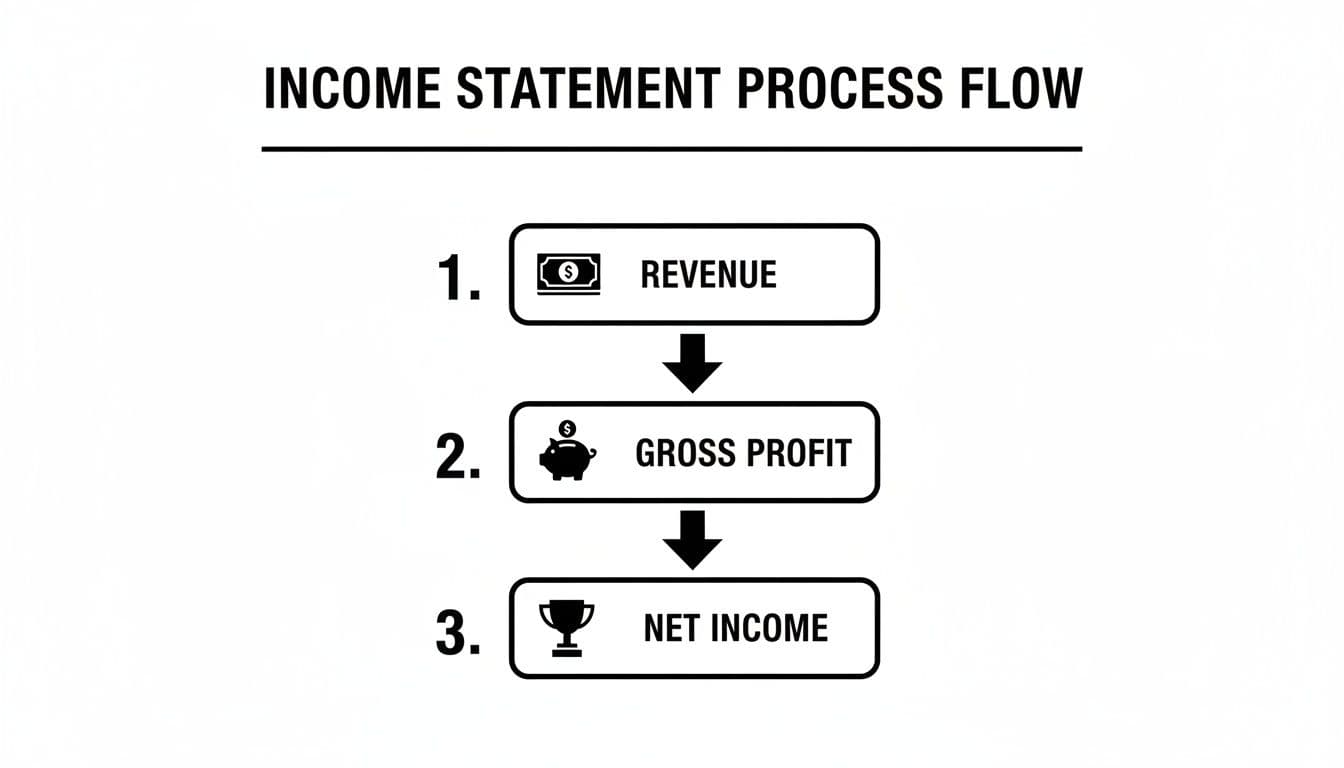 A black and white flow chart illustrates the income statement process, showing steps: Revenue, Gross Profit, and Net Income.