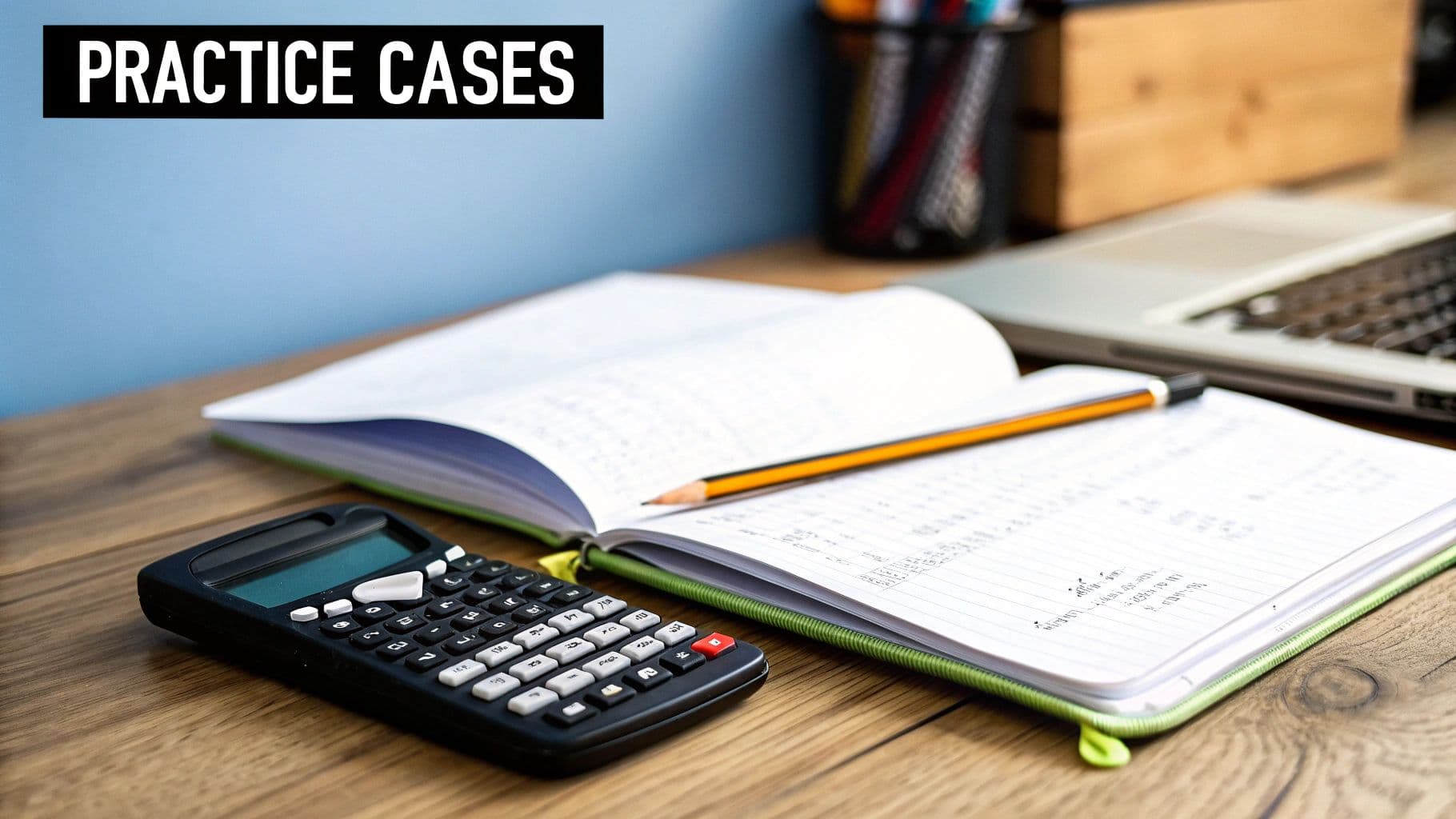 A desk setup featuring a calculator, an open notebook with a pencil, and a laptop, under 'PRACTICE CASES' text.