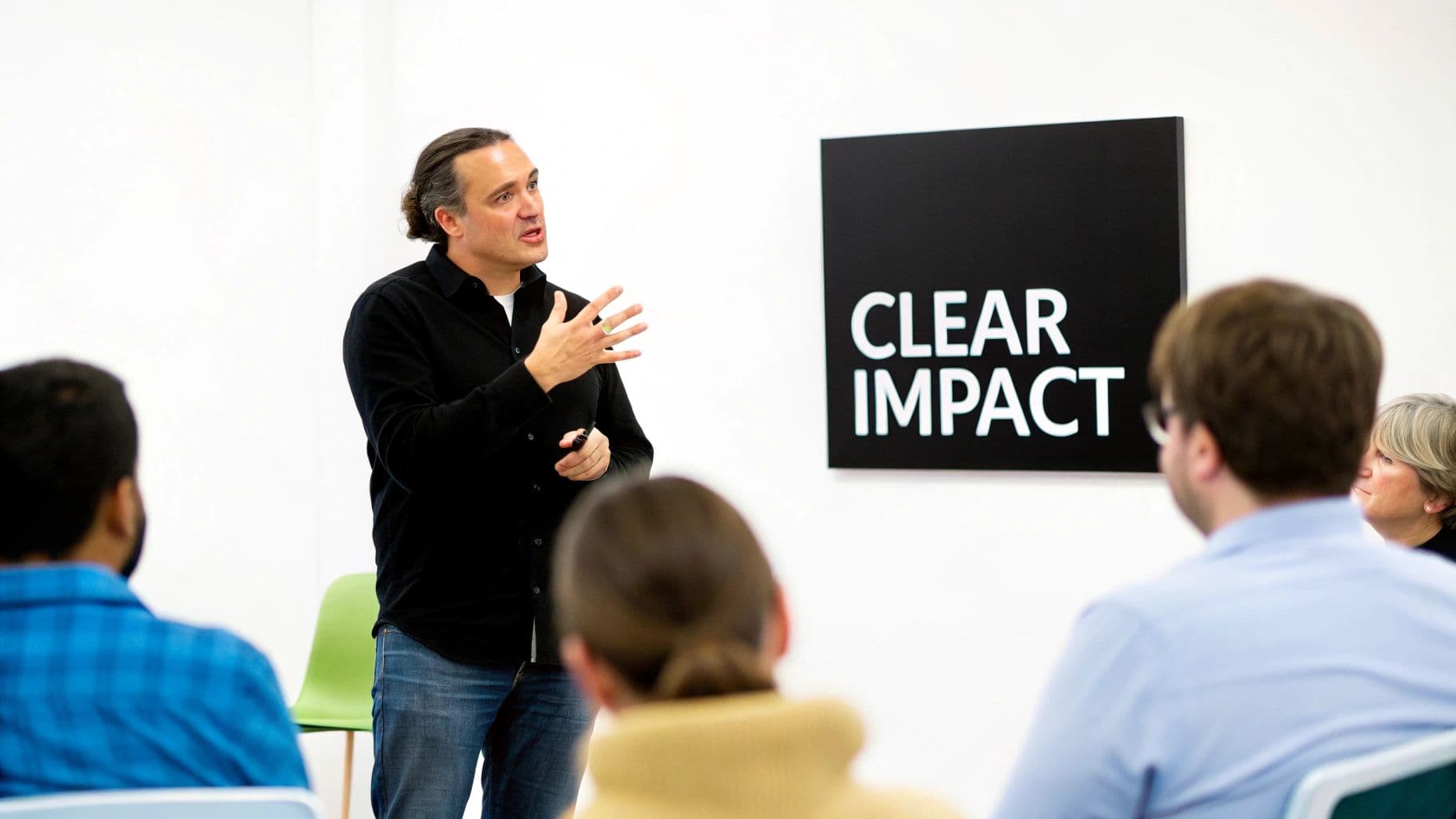 A person confidently presenting ideas to a group in a modern meeting room, using impactful gestures.