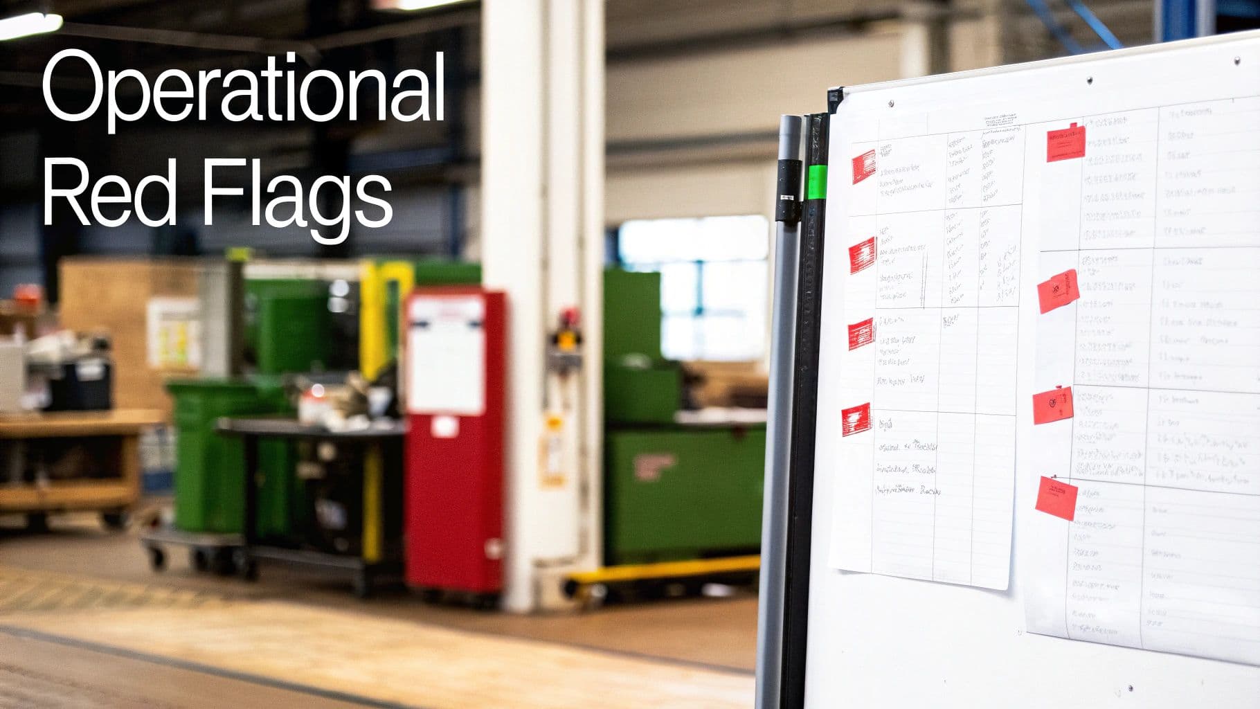 Whiteboard with handwritten notes and red sticky flags in a factory, titled 'Operational Red Flags'.