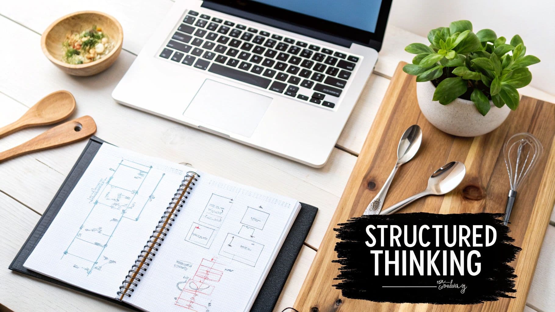 Overhead shot of a white desk with a laptop, open notebook, plant, and kitchen items.
