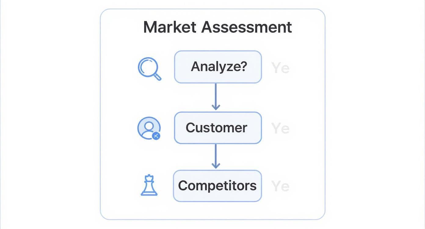 Diagram illustrating a market assessment workflow with steps for analysis, customer research, and competitor evaluation.