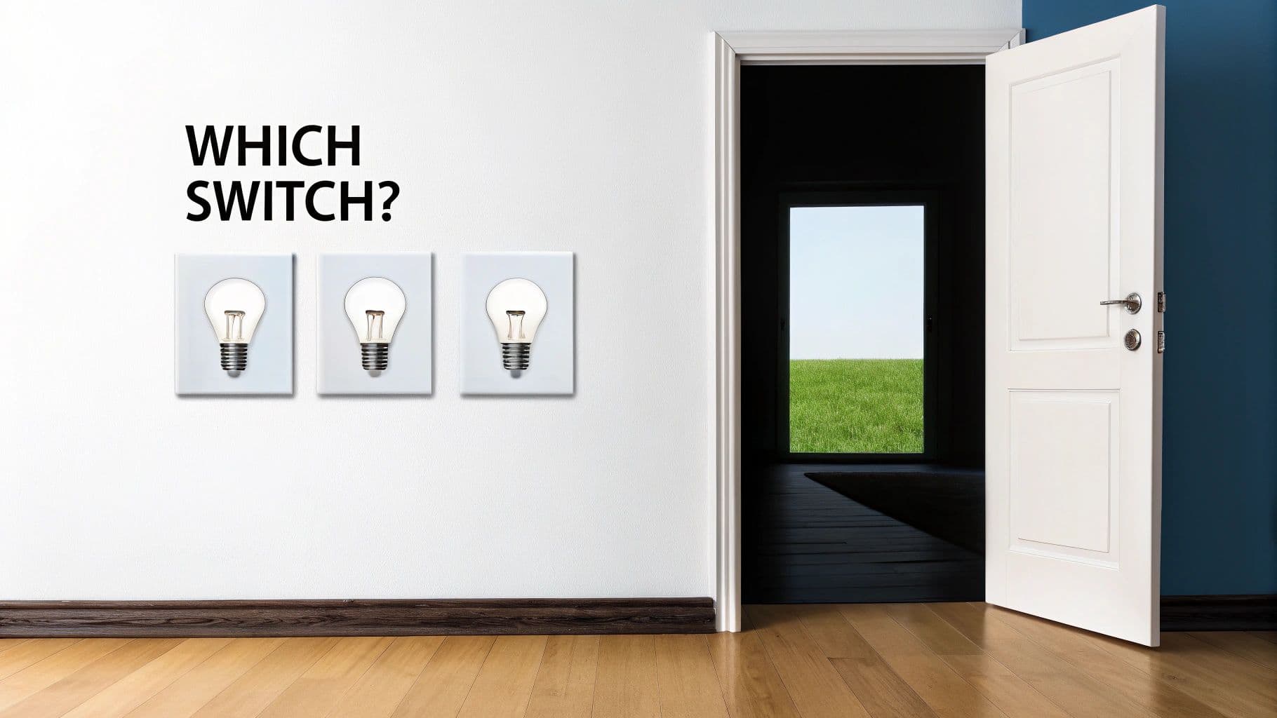 Three light switch panels with bulb designs on a white wall, asking 'Which Switch?', next to an open door revealing a grassy field.