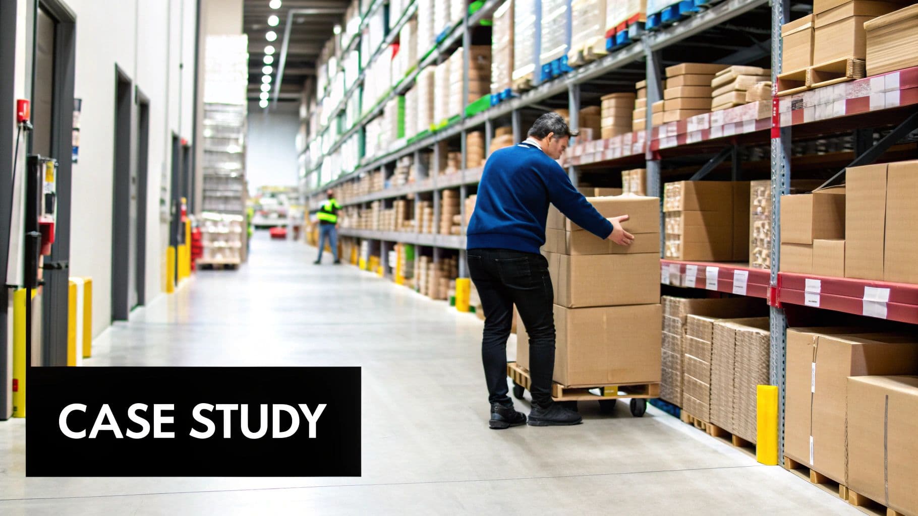 Warehouse worker moving boxes on a pallet jack in a large storage facility.