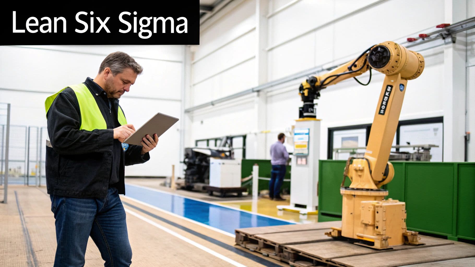 A factory floor with robotic arms and conveyor belts, illustrating automation in action.