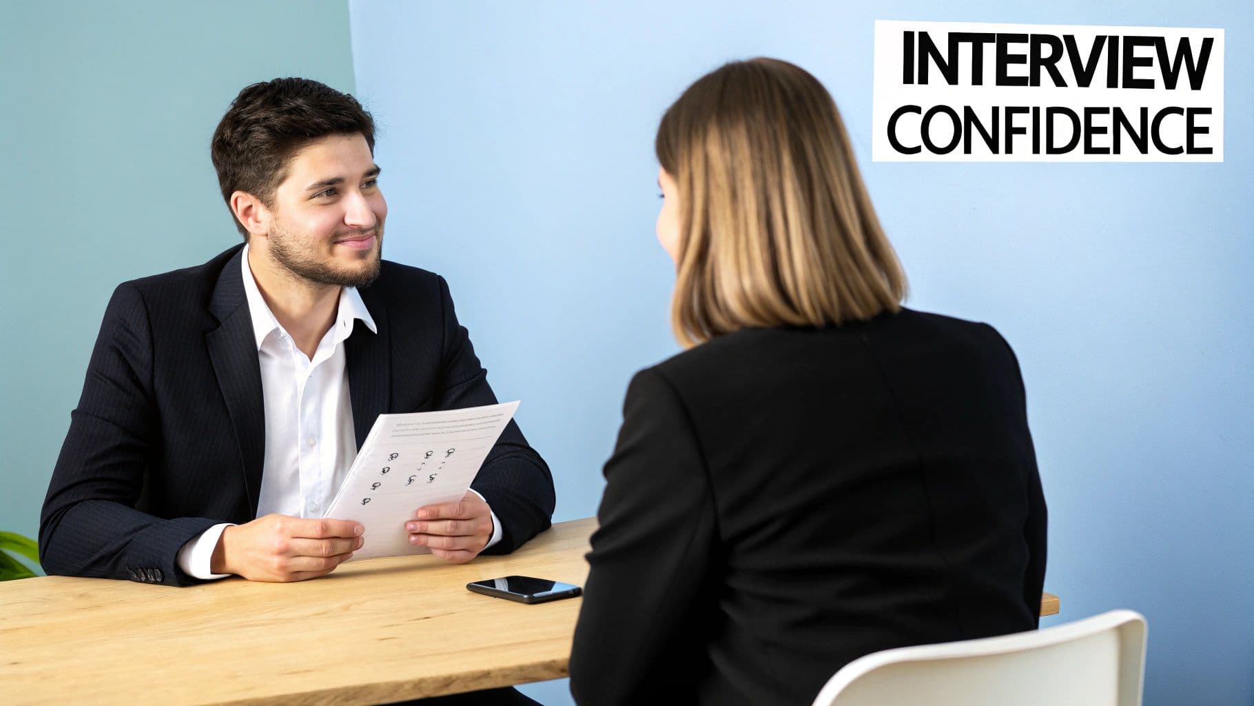 A man and a woman in business attire are sitting at a desk during an interview, with text "INTERVIEW CONFIDENCE".