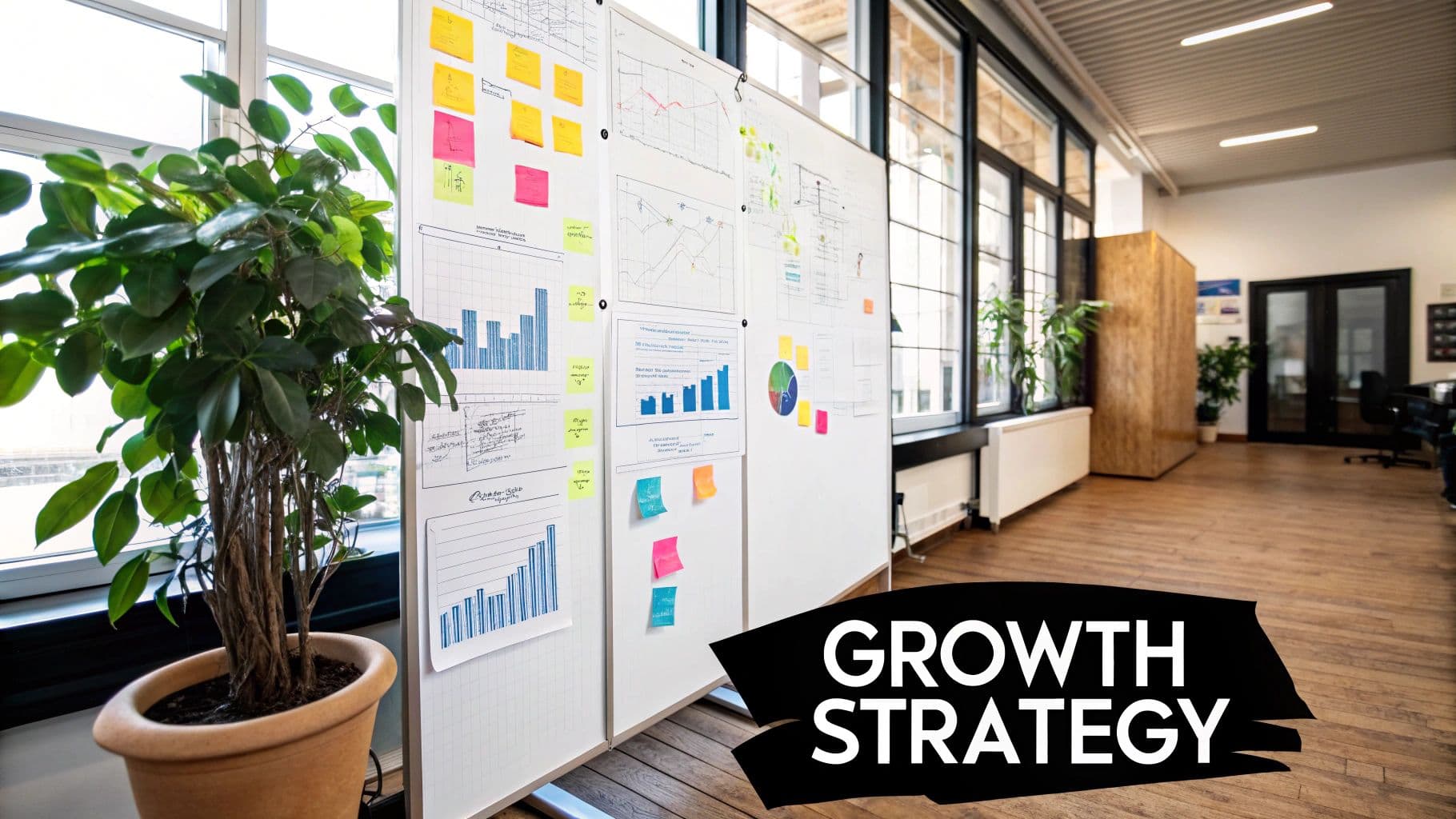 Infographic detailing the Ansoff Matrix for growth strategy, showing four quadrants: Market Penetration (existing product, existing market), Product Development (new product, existing market), Market Development (existing product, new market), and Diversification (new product, new market).