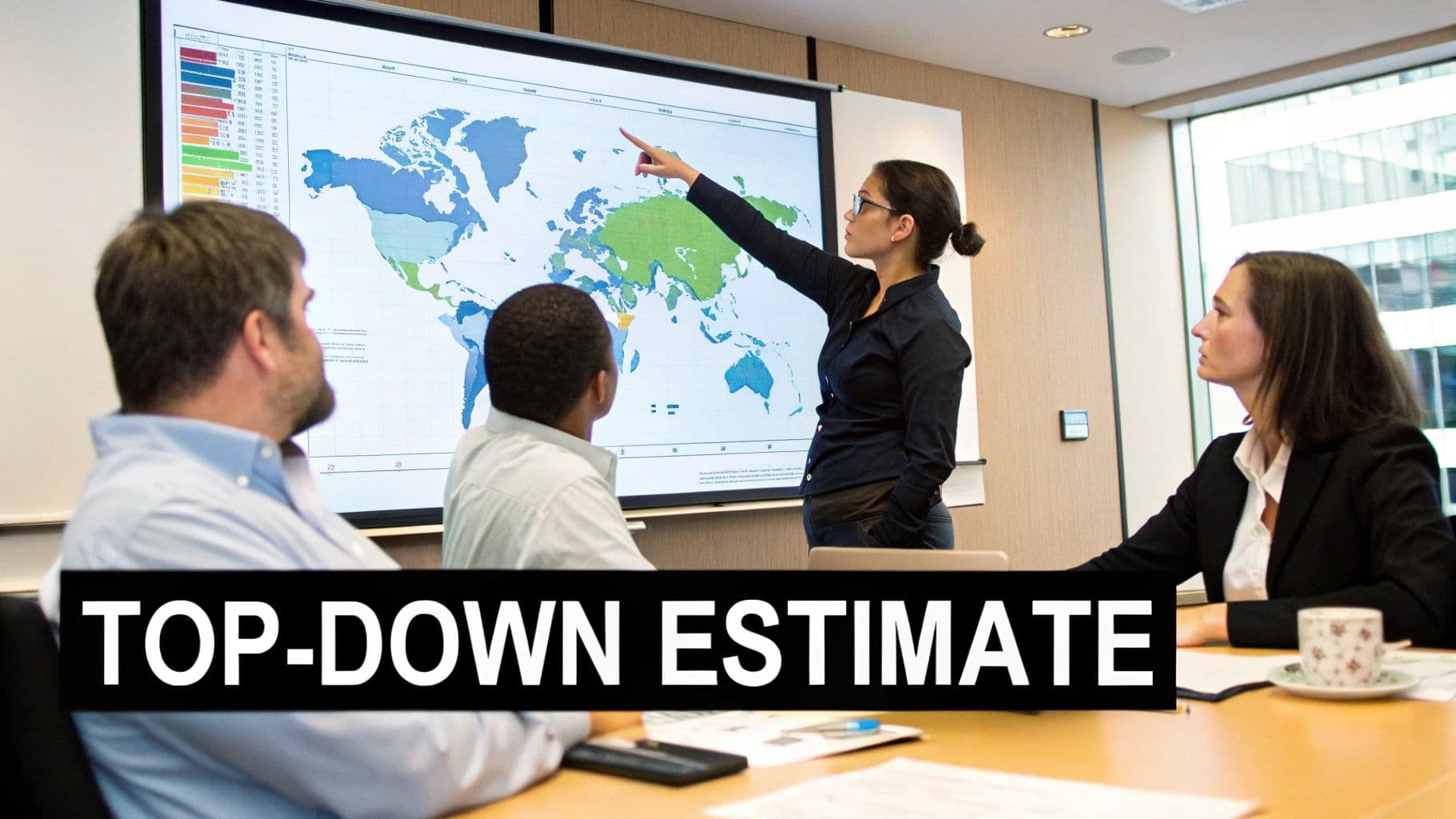 Businesswoman pointing at a world map on screen during a top-down estimate meeting.