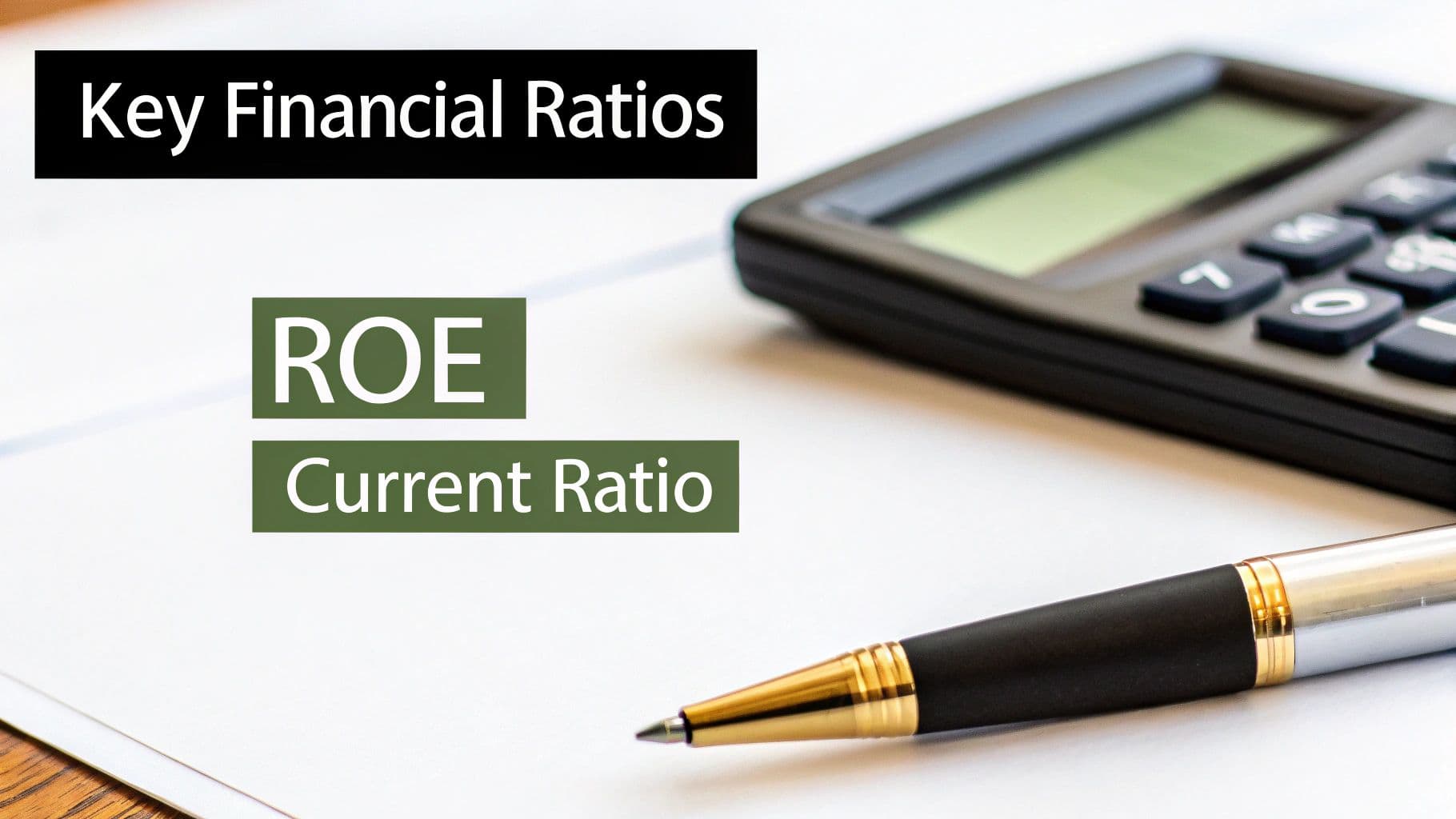 Calculator, pen, and paper with text 'Key Financial Ratios', 'ROE', and 'Current Ratio'.