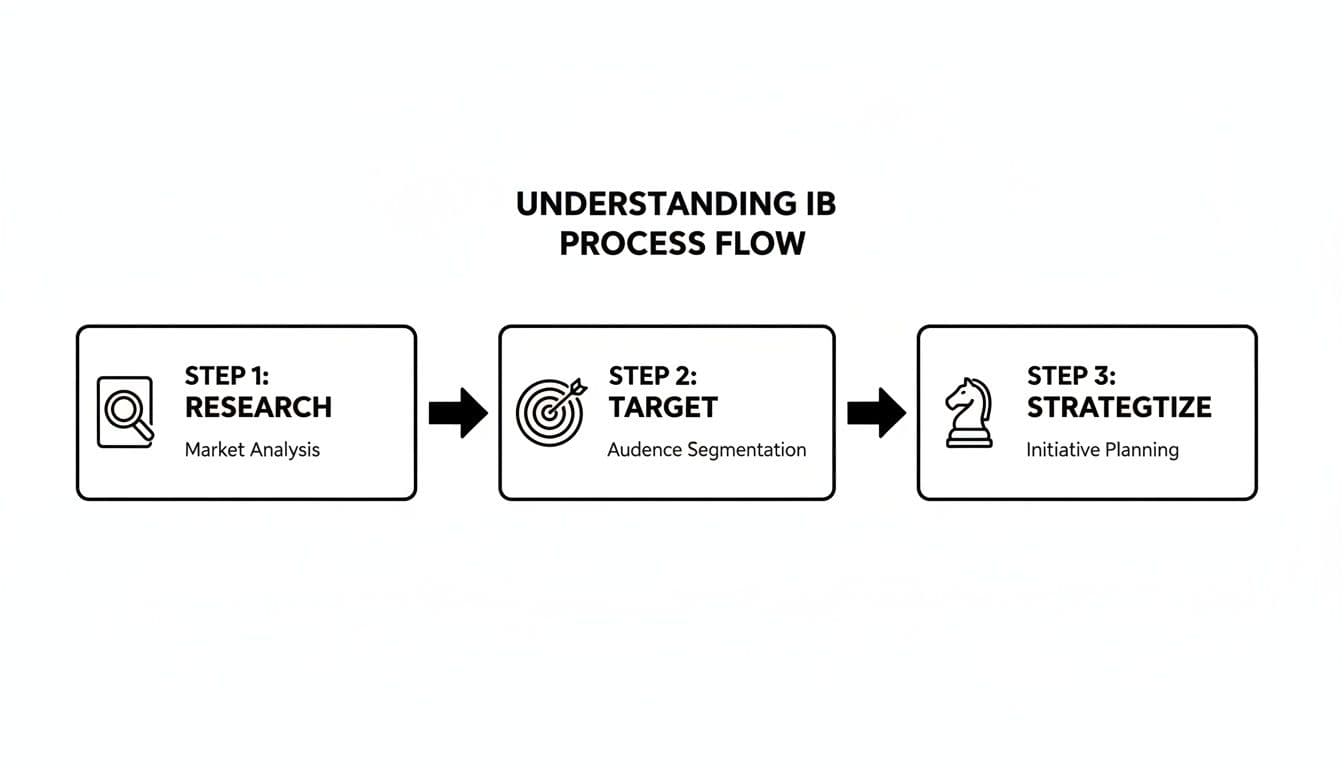 A diagram outlining the IB process flow with three steps: Research, Target, and Strategize.