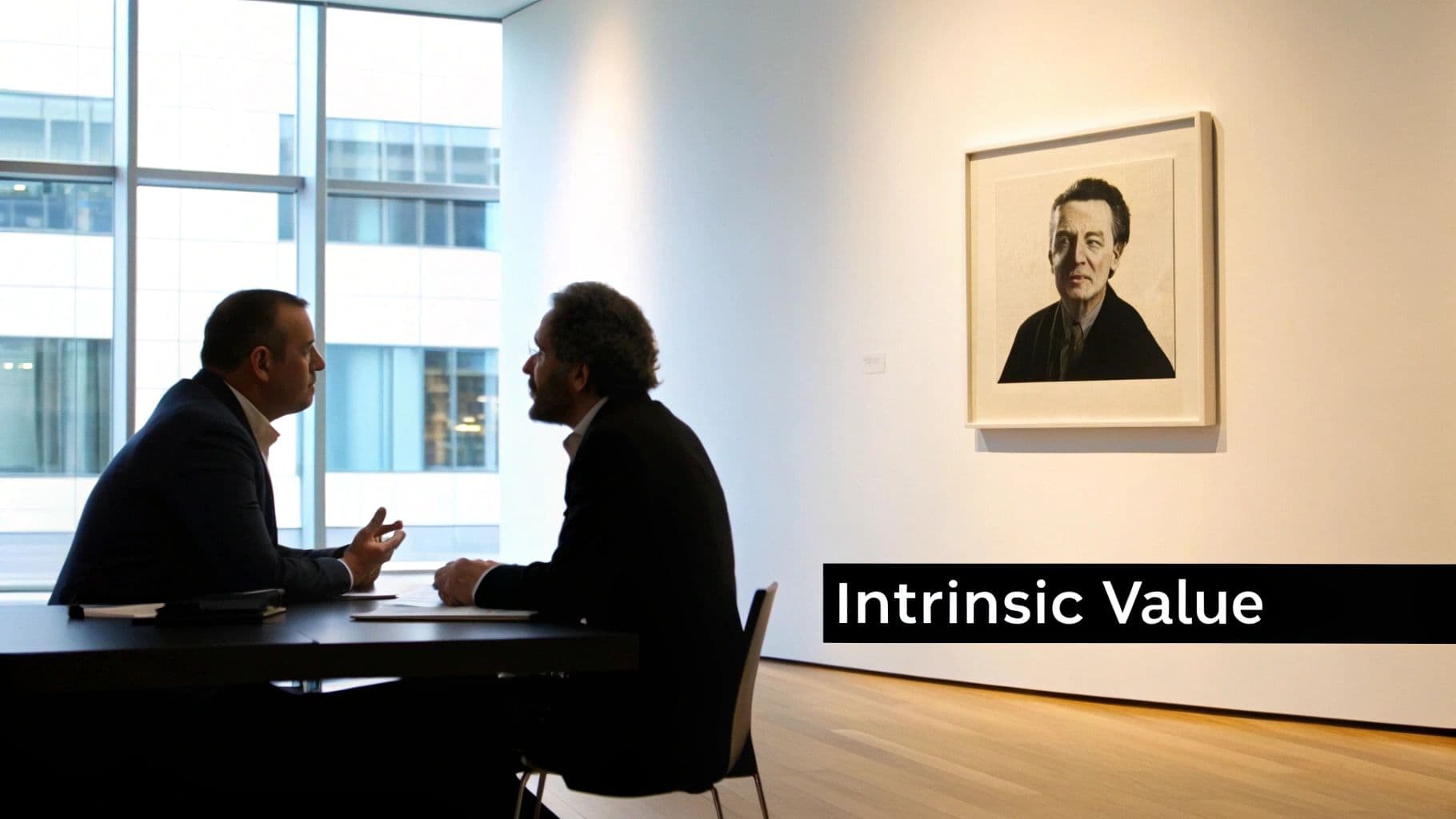 Two men in suits discussing at a modern table, with a framed portrait and "Intrinsic Value" text on the wall.