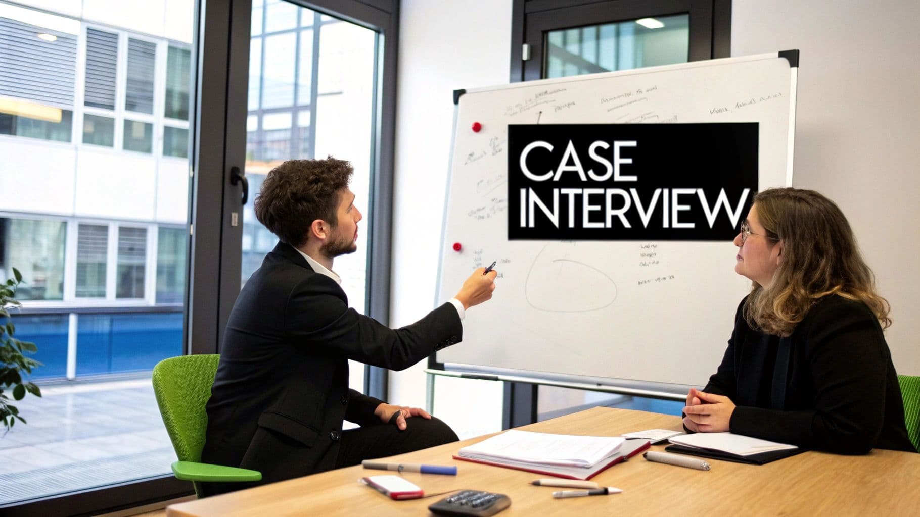 Two professionals in an office, one explaining a 'Case Interview' concept on a whiteboard to the other.