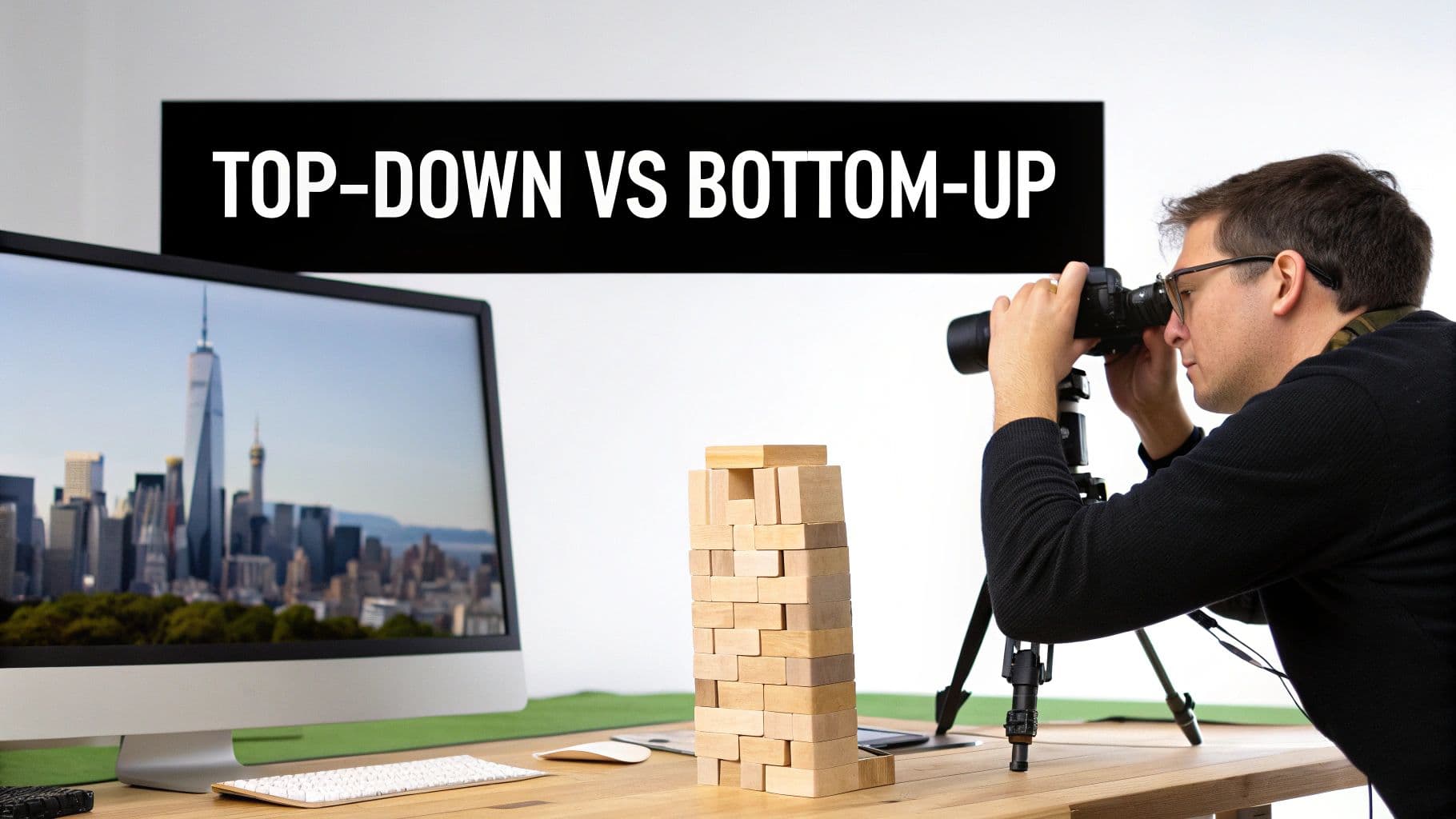 A man photographs a stack of blocks on a desk, next to a monitor displaying a cityscape, with a "TOP-DOWN VS BOTTOM-UP" banner.