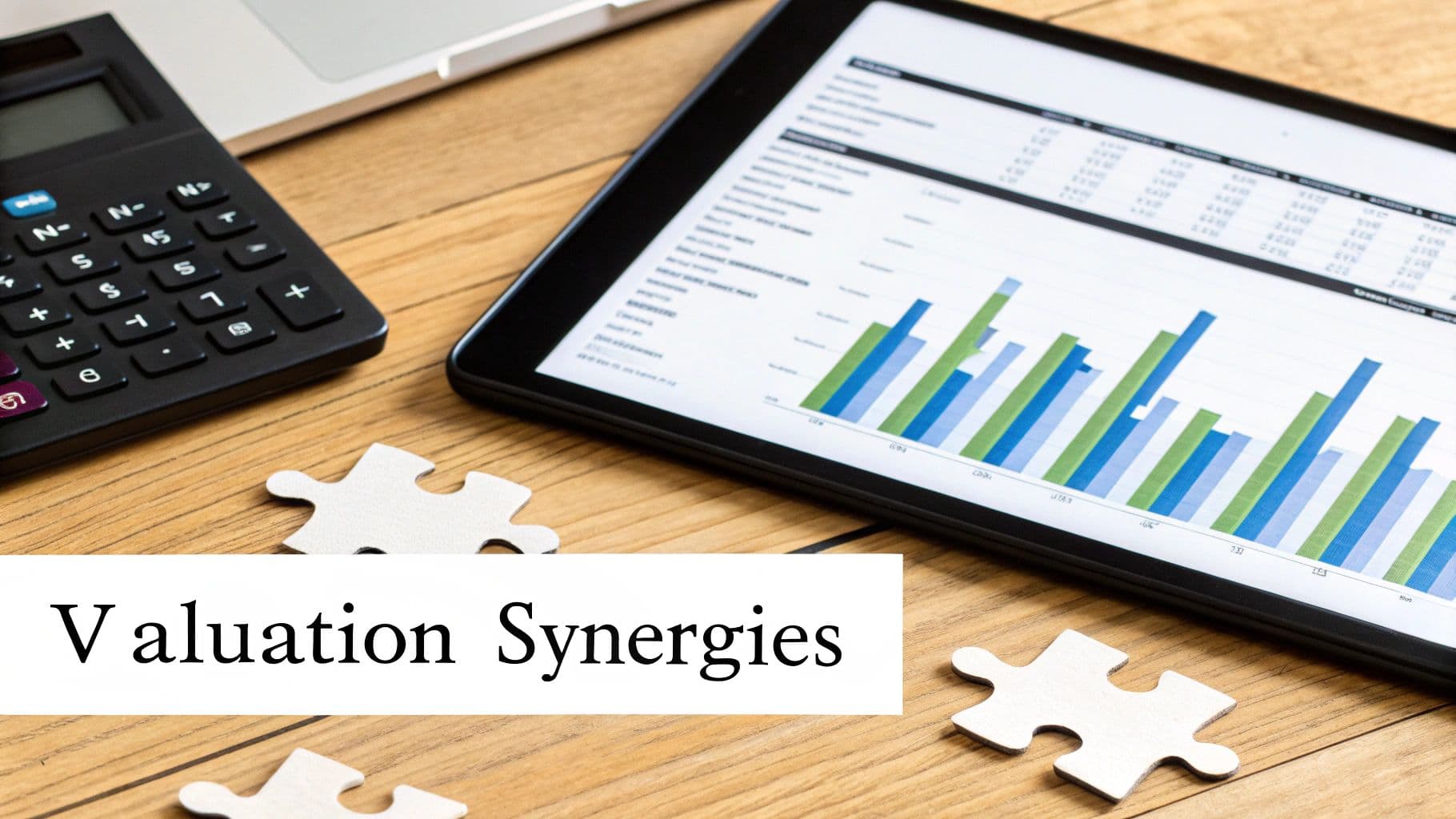 Desk with financial calculator, tablet showing charts, and puzzle pieces, highlighting 'Valuation Synergies'.