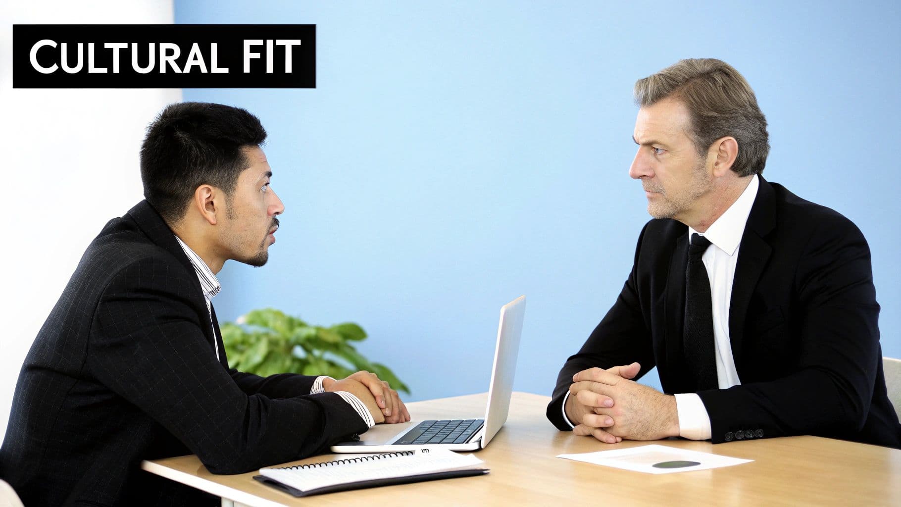Two professionals in a formal interview setting, engaged in a serious discussion across a modern office table.