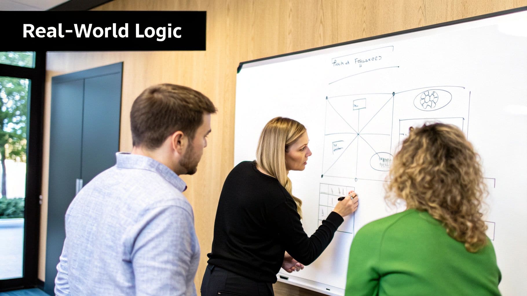 A woman draws diagrams on a whiteboard for two observing colleagues in an office setting.