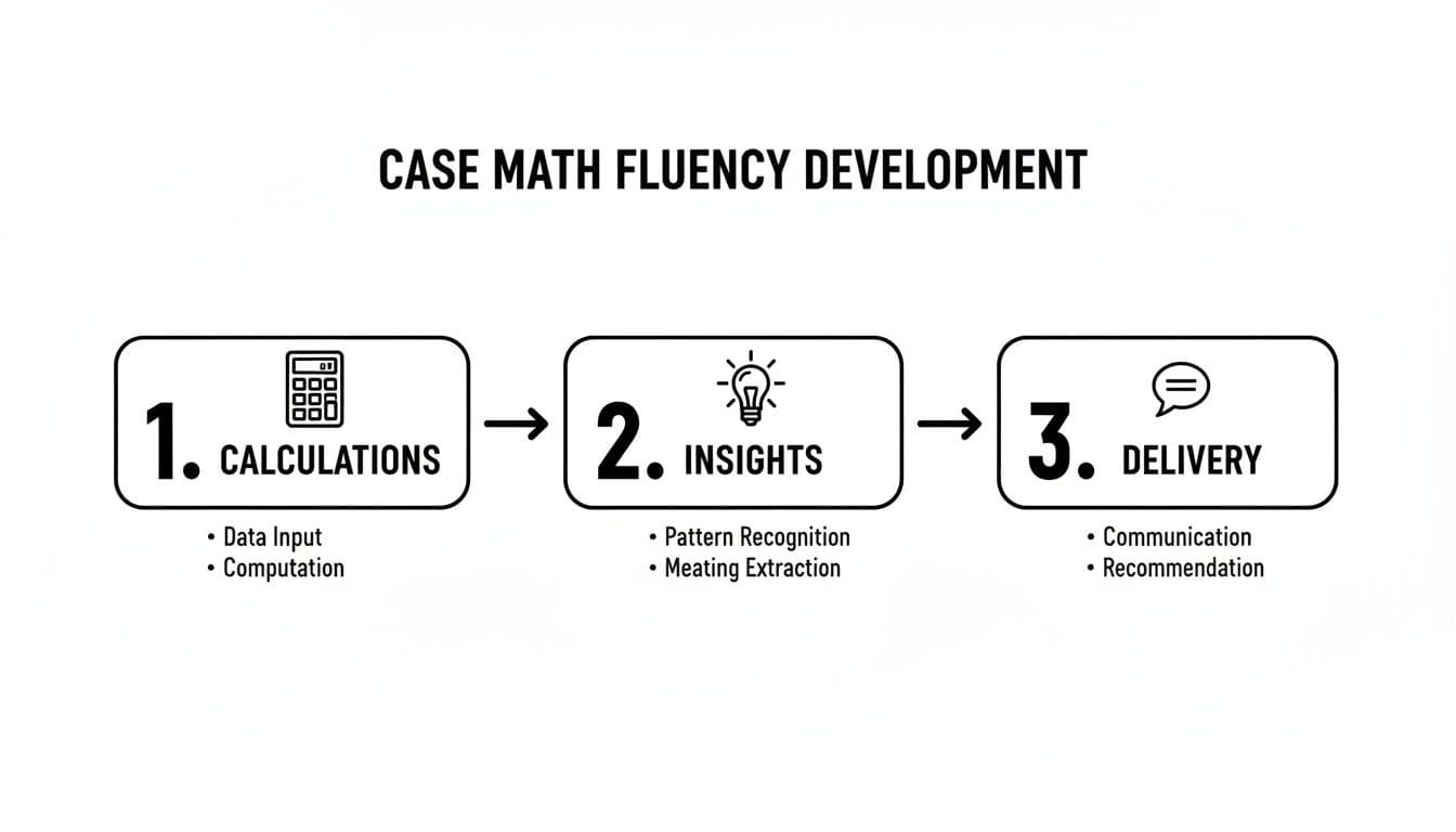 A 3-step diagram for case math fluency development: calculations, insights, and delivery.