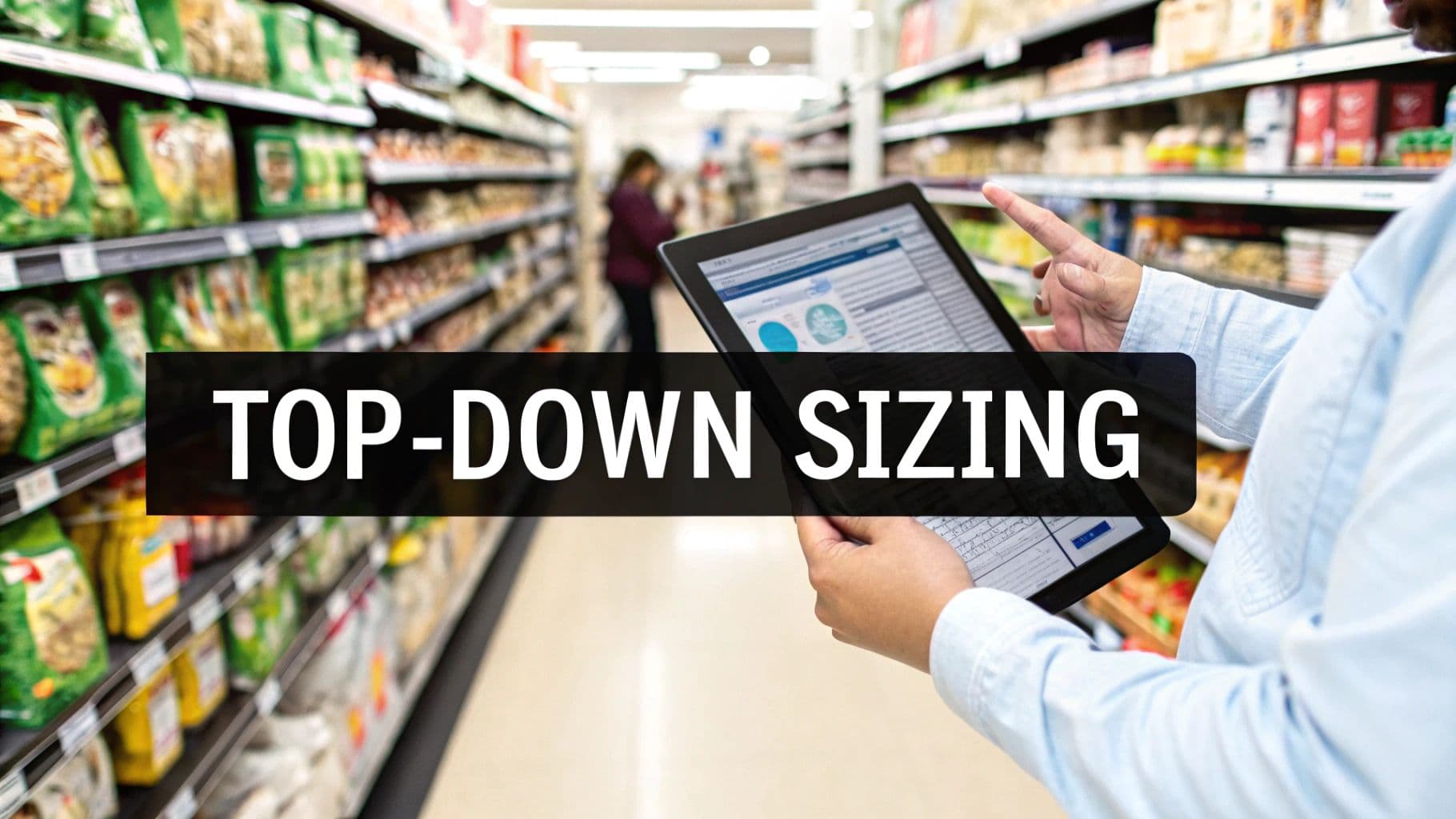 A magnifying glass focusing on a small segment of a large world map, symbolizing the top-down market sizing method.