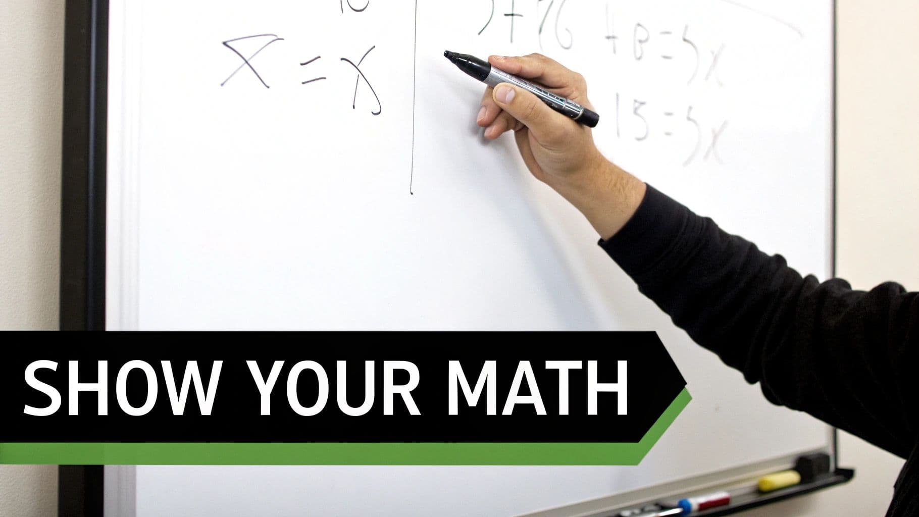 A person's hand writes mathematical equations on a whiteboard with a black marker.