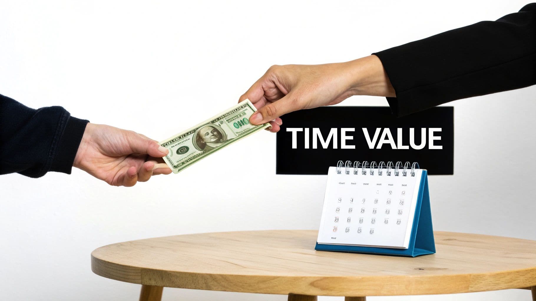Two hands exchanging a dollar bill, with a 'TIME VALUE' sign and a calendar on a wooden table, illustrating financial concepts.