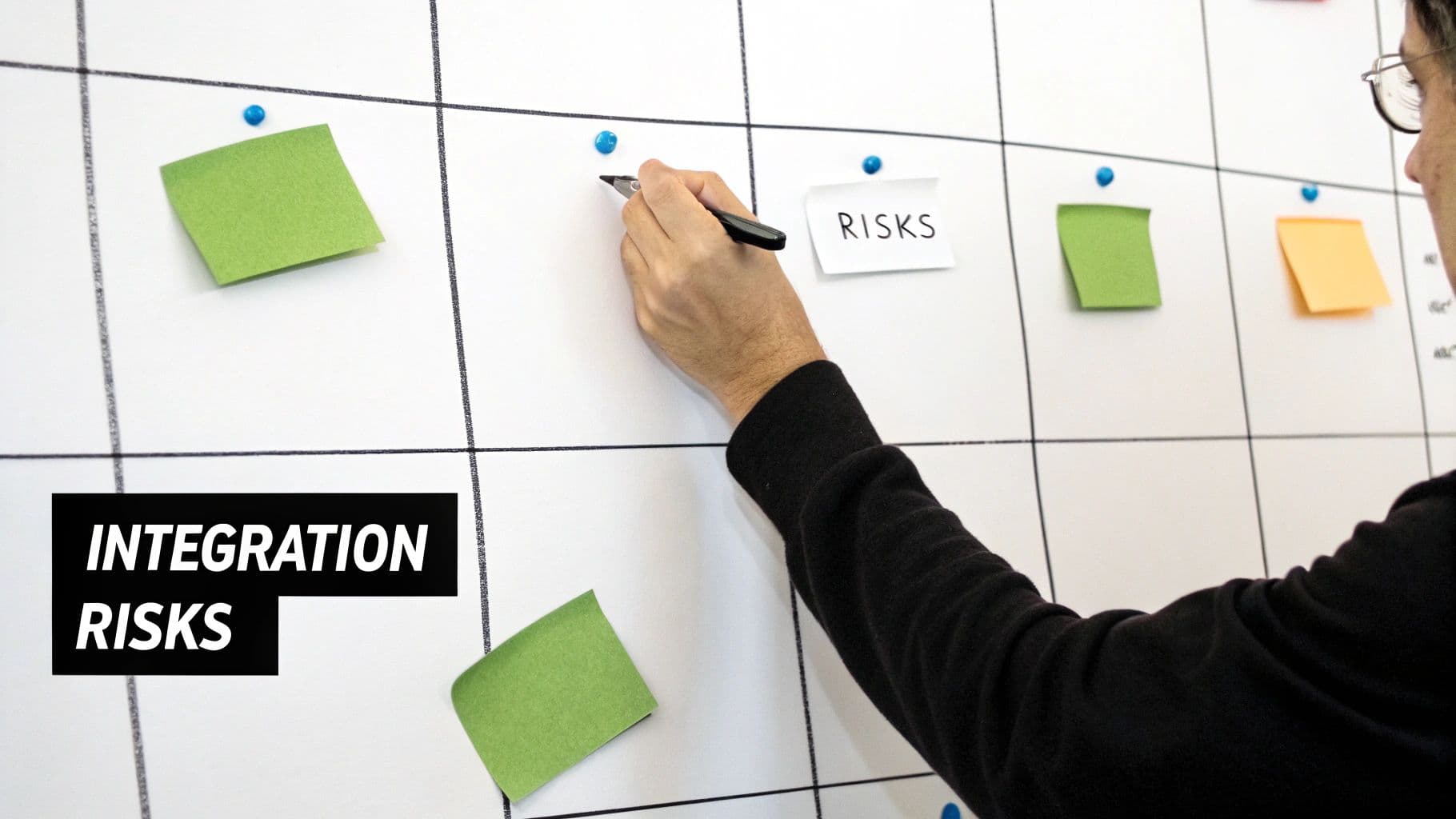 A person's hand writes 'RISKS' on a white sticky note attached to a grid whiteboard during a planning session.